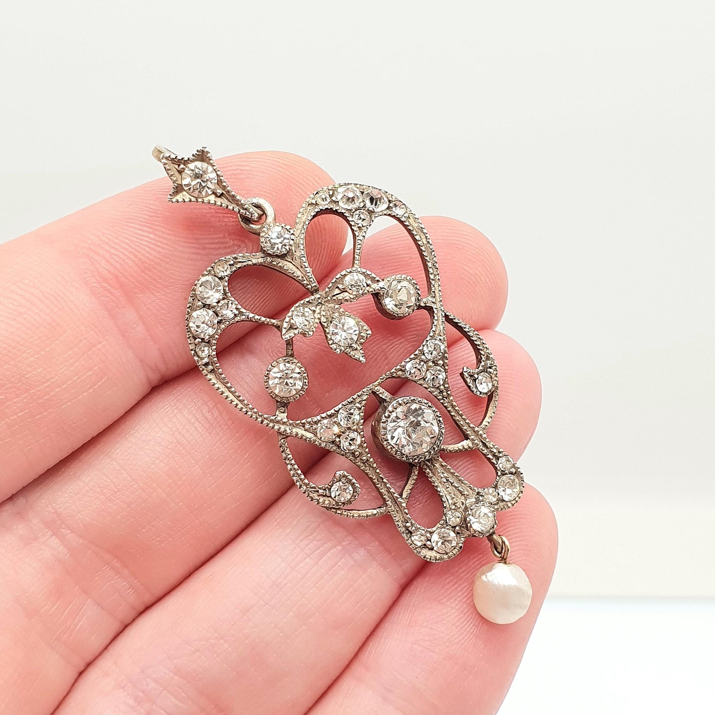 Antique Solid Silver Diamond Paste Pendant Art Nouveau Necklace Freshwater Pearl Hanging Vintage Womens Jewellery Jewelry