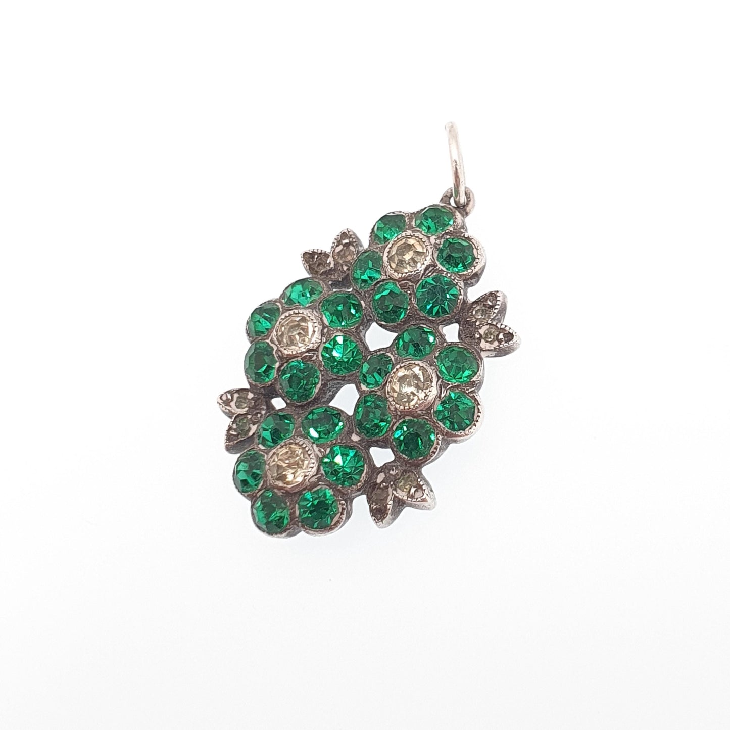 Antique Victorian Solid Silver Diamond Emerald Paste Necklace Pendant Flower Cluster Vintage Jewellery Jewelry