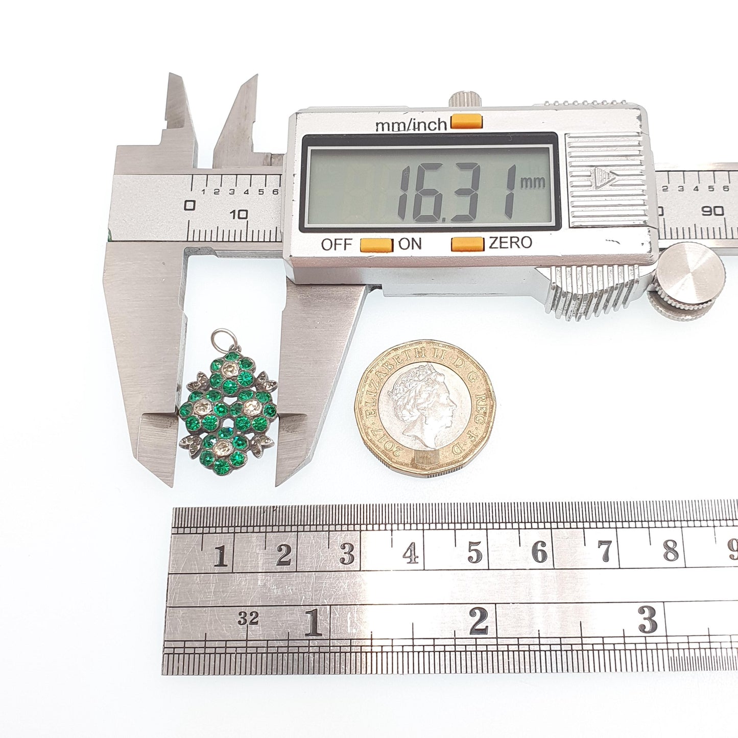 Antique Victorian Solid Silver Diamond Emerald Paste Necklace Pendant Flower Cluster Vintage Jewellery Jewelry