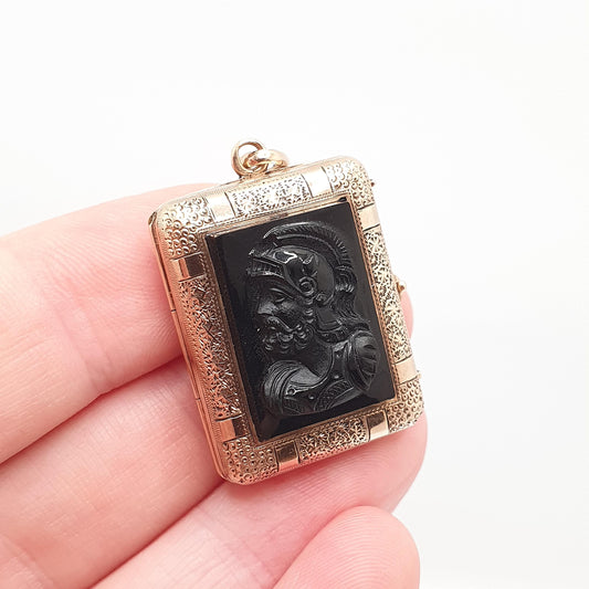 Antique Victorian Onyx Cameo Rolled Gold Locket Pendant Rose Gold Filled Centurion Necklace Gemstone Vintage Jewelry Jewellery