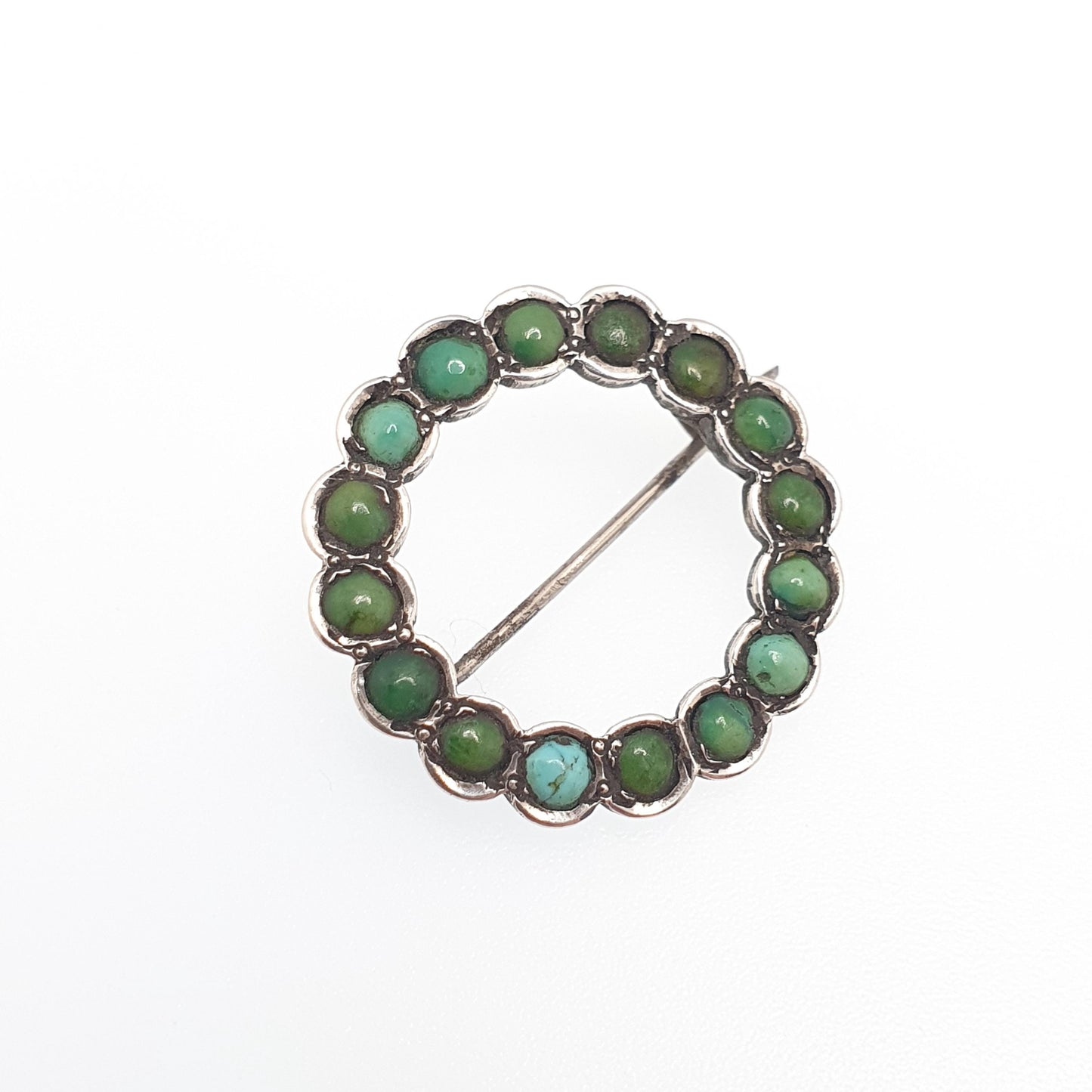 Antique Victorian Solid Silver Turquoise Brooch Circle O 0 Zero Infinity Natural Gemstone Womens Jewelry Jewellery Vintage