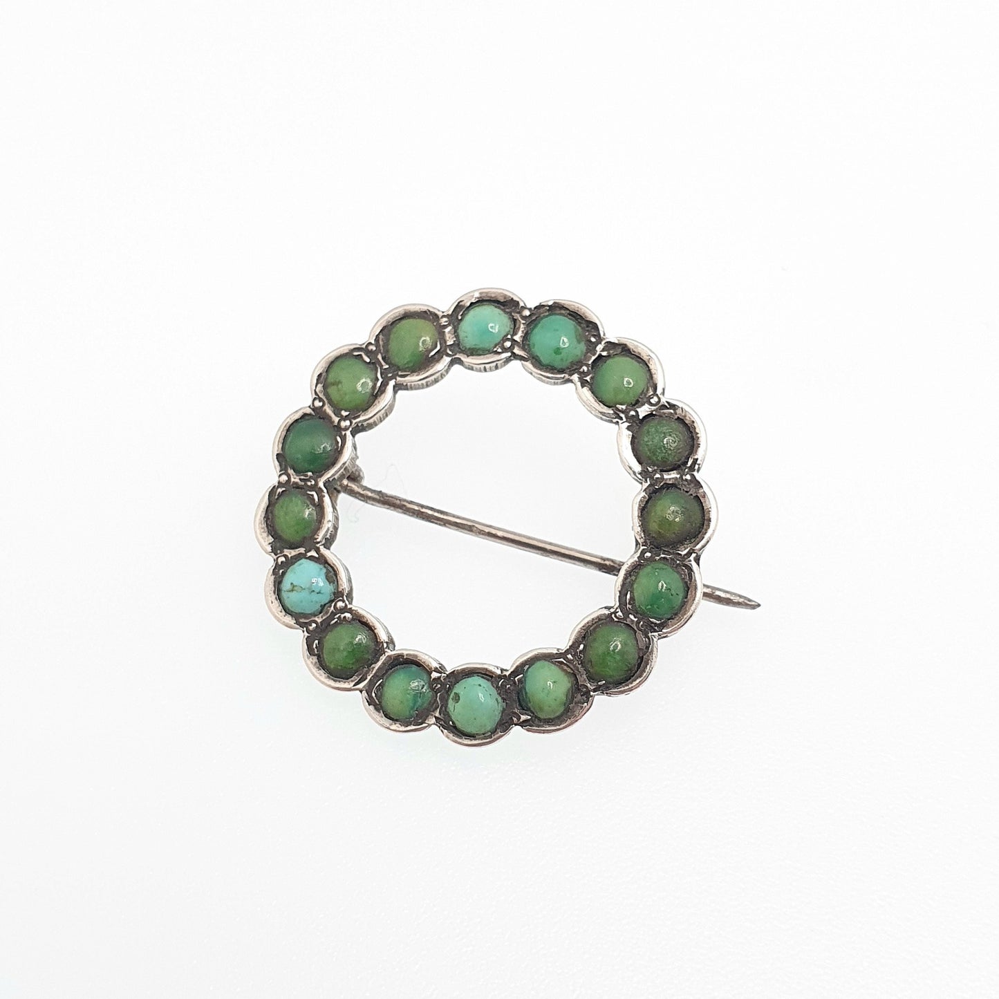Antique Victorian Solid Silver Turquoise Brooch Circle O 0 Zero Infinity Natural Gemstone Womens Jewelry Jewellery Vintage