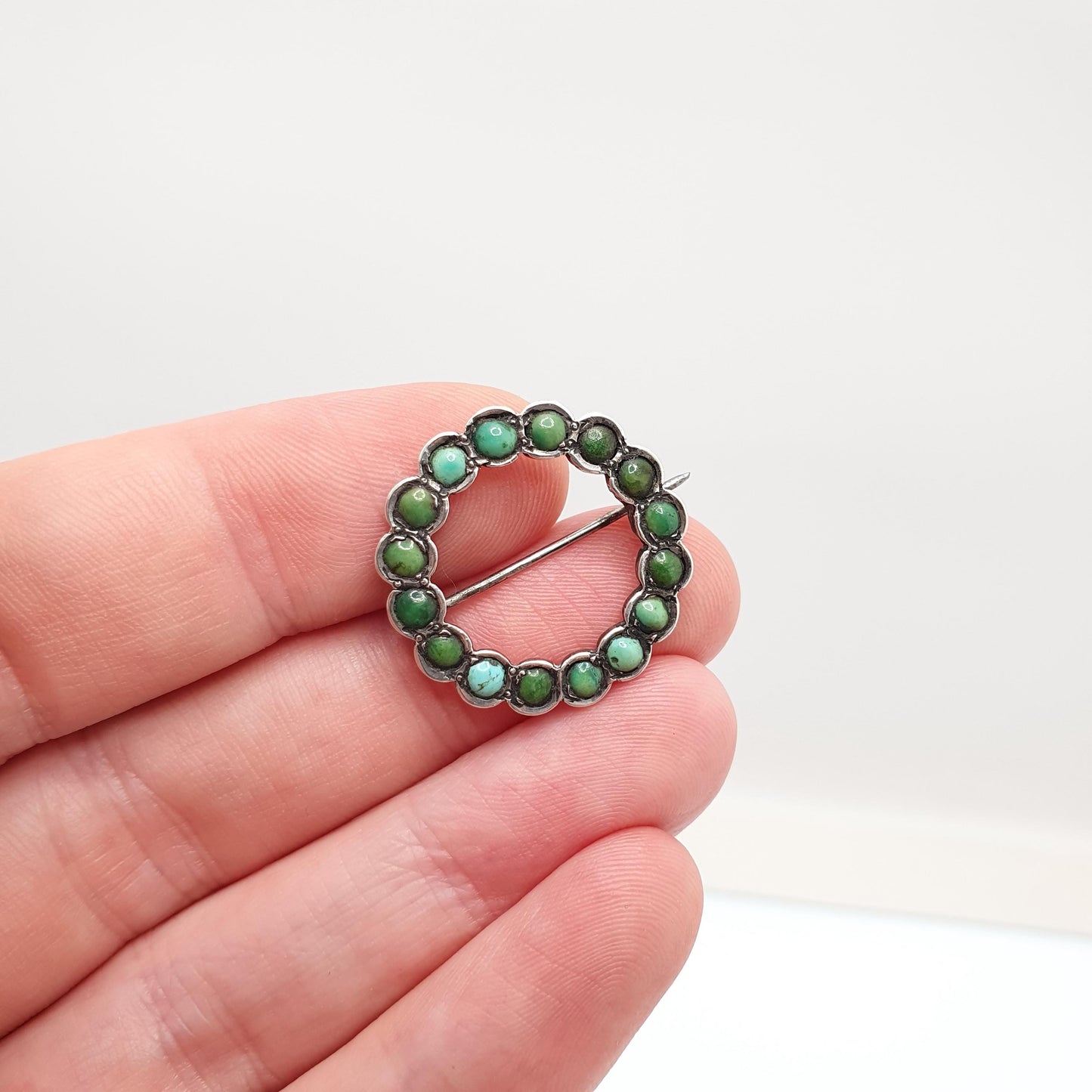 Antique Victorian Solid Silver Turquoise Brooch Circle O 0 Zero Infinity Natural Gemstone Womens Jewelry Jewellery Vintage