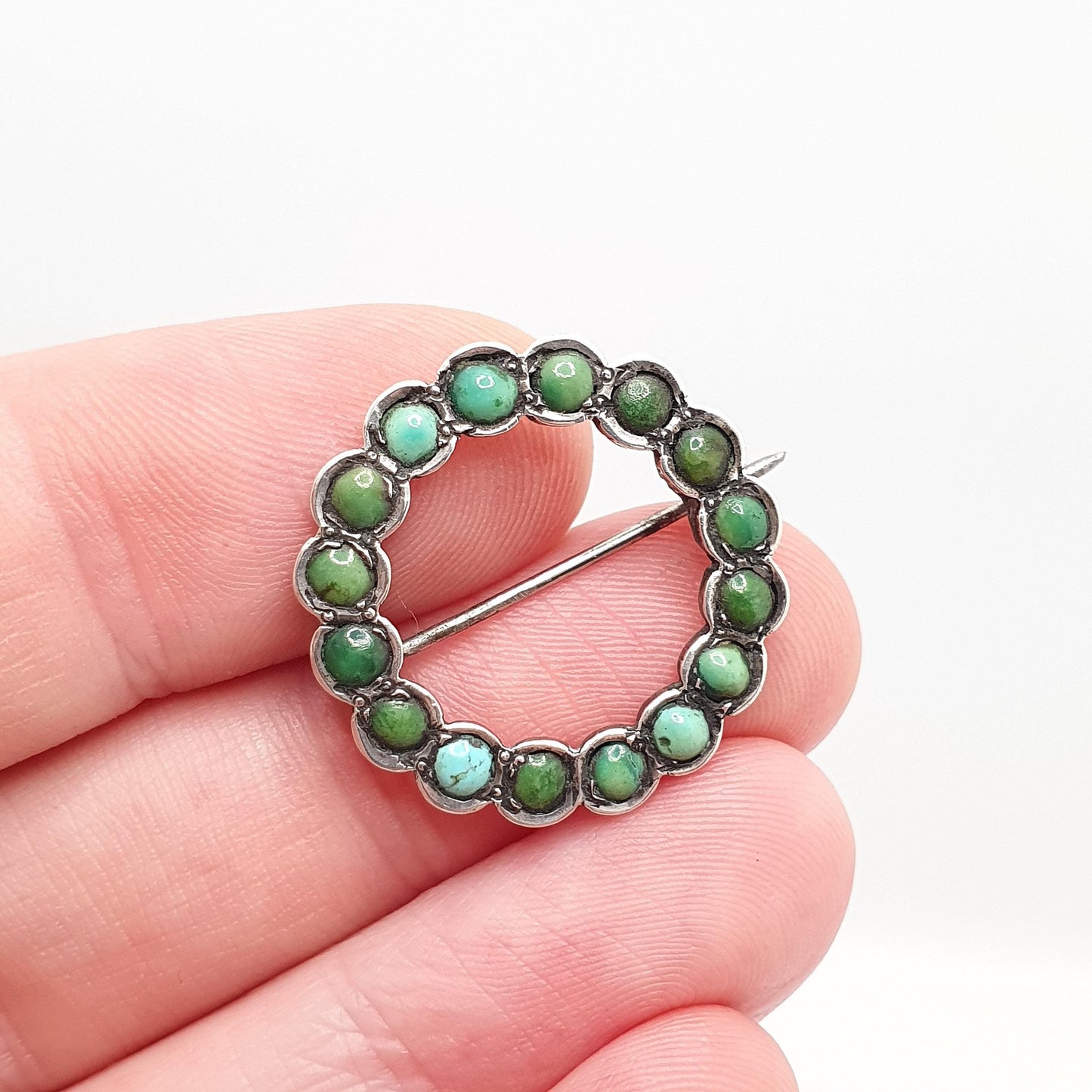 Antique Victorian Solid Silver Turquoise Brooch Circle O 0 Zero Infinity Natural Gemstone Womens Jewelry Jewellery Vintage