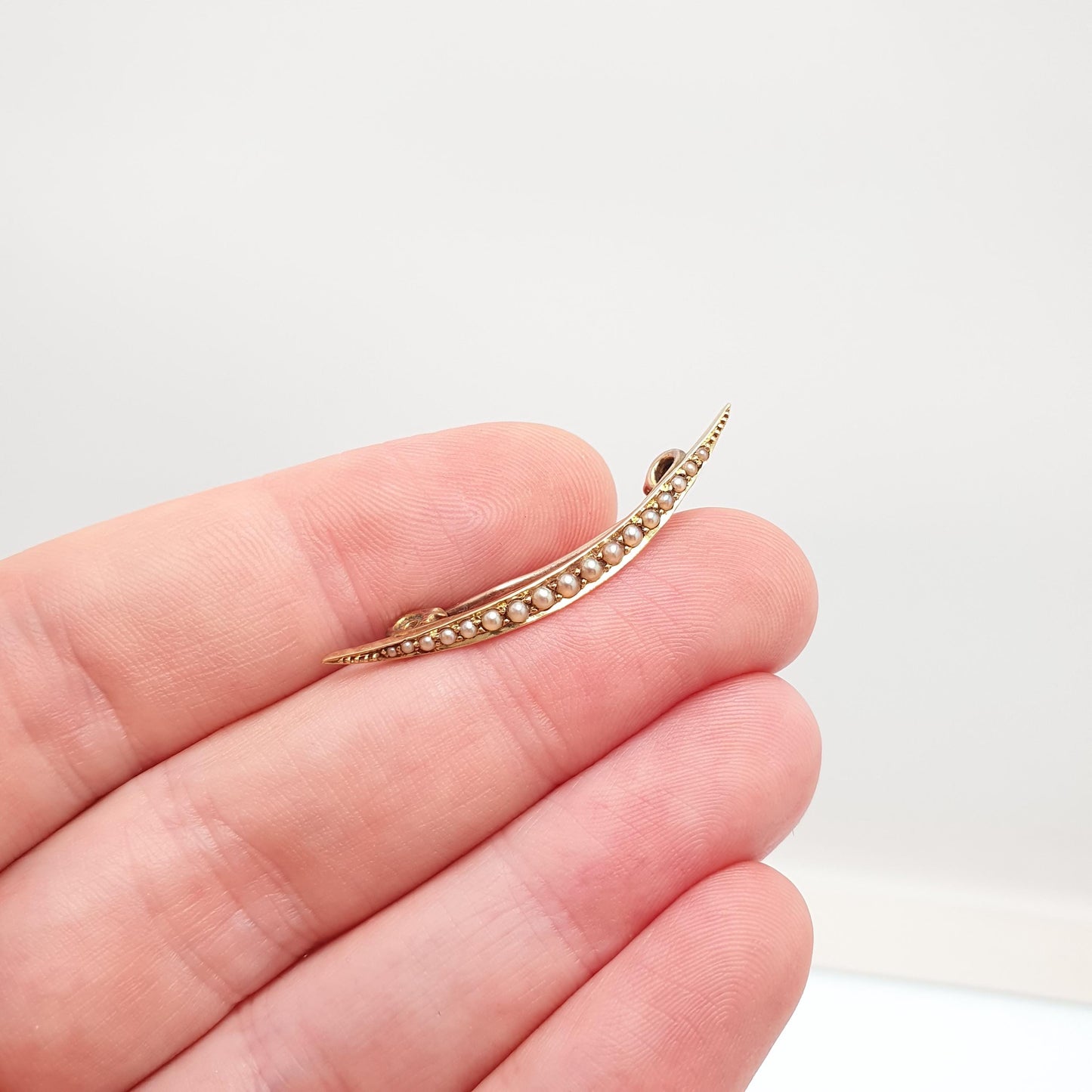 Antique 14k 14kt Gold Crescent Moon Brooch Seed Pearl Victorian Solid 9kt 9k Pin Celestial Womens Jewelry Jewellery