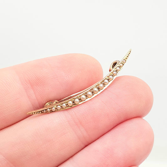 Antique 14k 14kt Gold Crescent Moon Brooch Seed Pearl Victorian Solid 9kt 9k Pin Celestial Womens Jewelry Jewellery