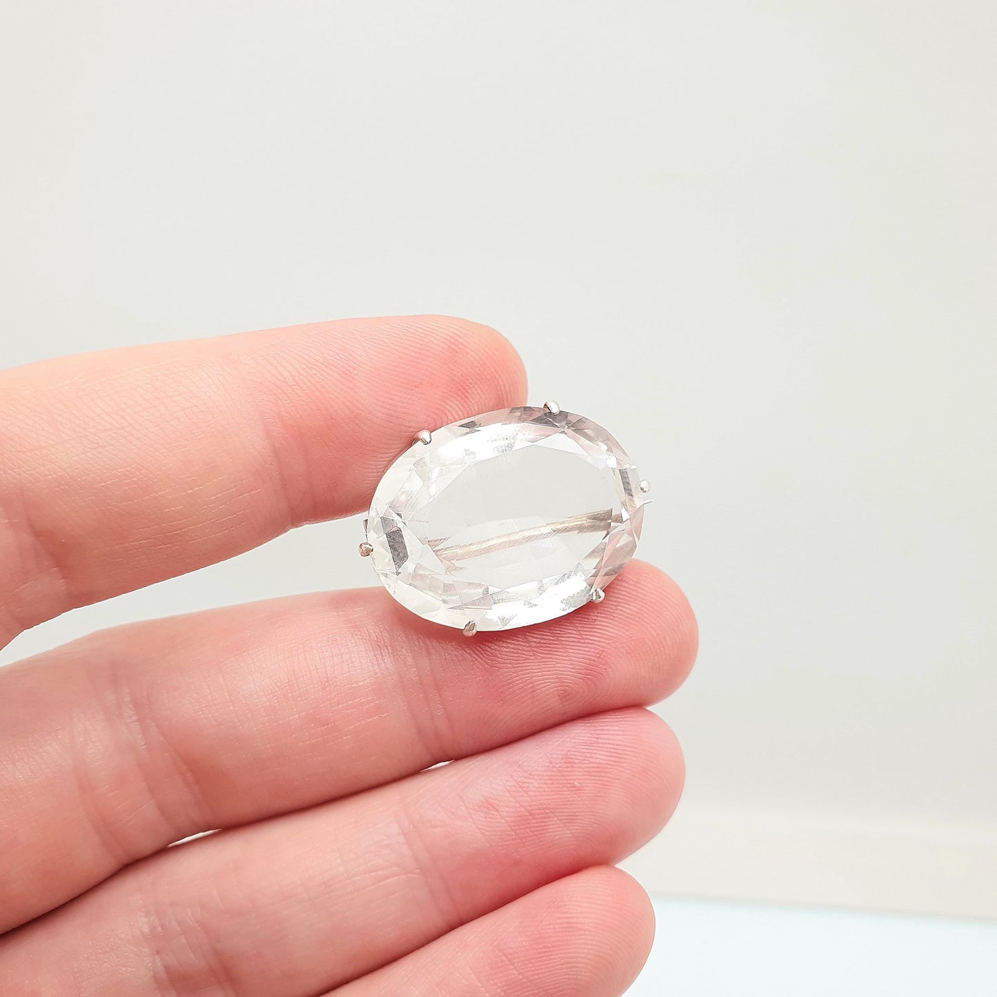 Antique Solid Silver Rock Crystal Brooch Art Deco White Quartz Large Oval Cut Gemstone Clear Vintage Big Womens Jewelry Jewellery