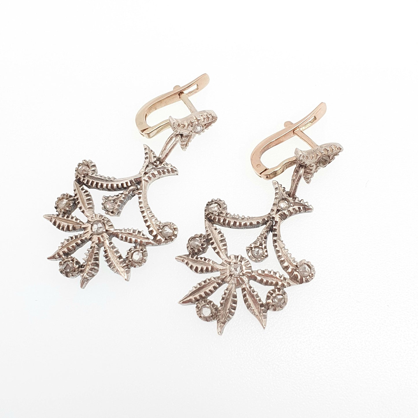 Antique Victorian 9ct Gold Diamond Earrings Solid Silver Old Mine Cut Hook Dangling Drop Chandelier Vintage Jewelry Jewellery
