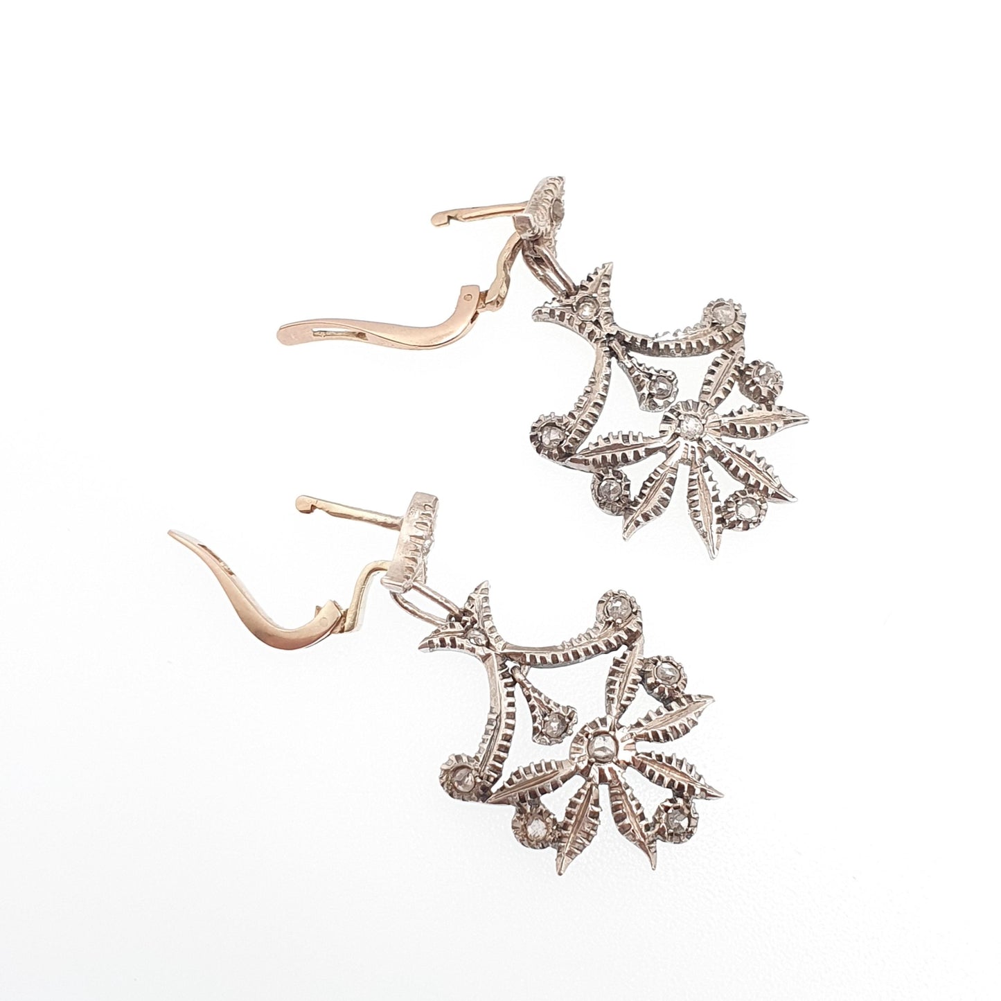 Antique Victorian 9ct Gold Diamond Earrings Solid Silver Old Mine Cut Hook Dangling Drop Chandelier Vintage Jewelry Jewellery