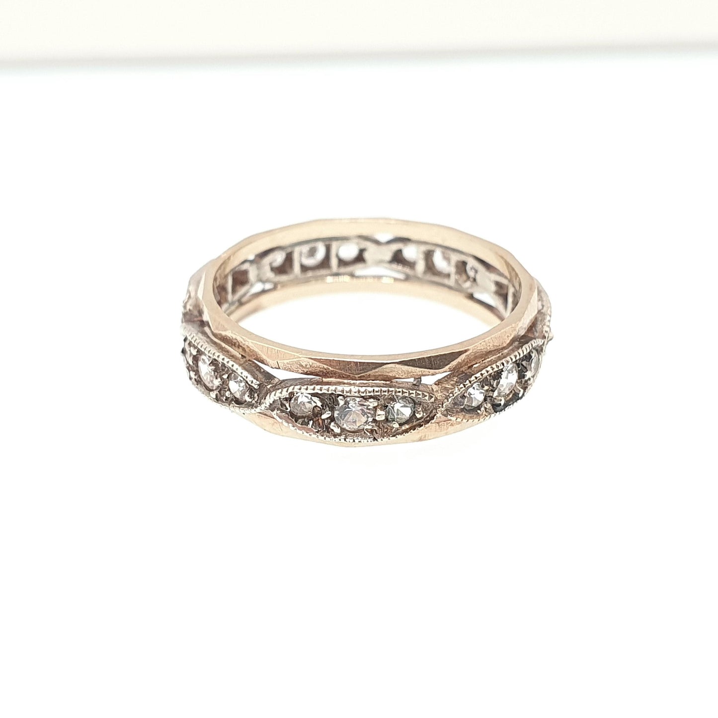 Antique Solid 9ct Gold Full Eternity Ring Wave Border White Spinel 9k 375 Band Sparkly Diamond Style Stacker Stacking Jewelry Jewellery