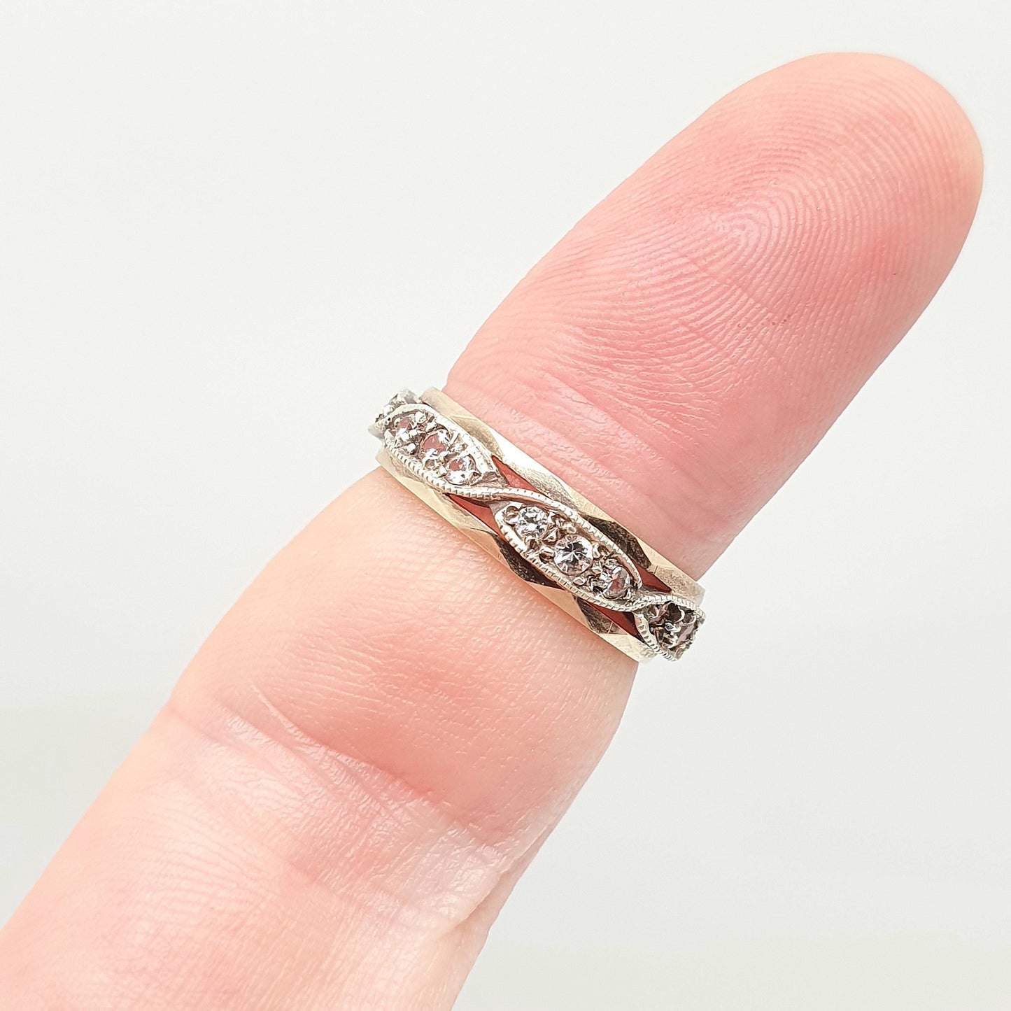 Antique Solid 9ct Gold Full Eternity Ring Wave Border White Spinel 9k 375 Band Sparkly Diamond Style Stacker Stacking Jewelry Jewellery