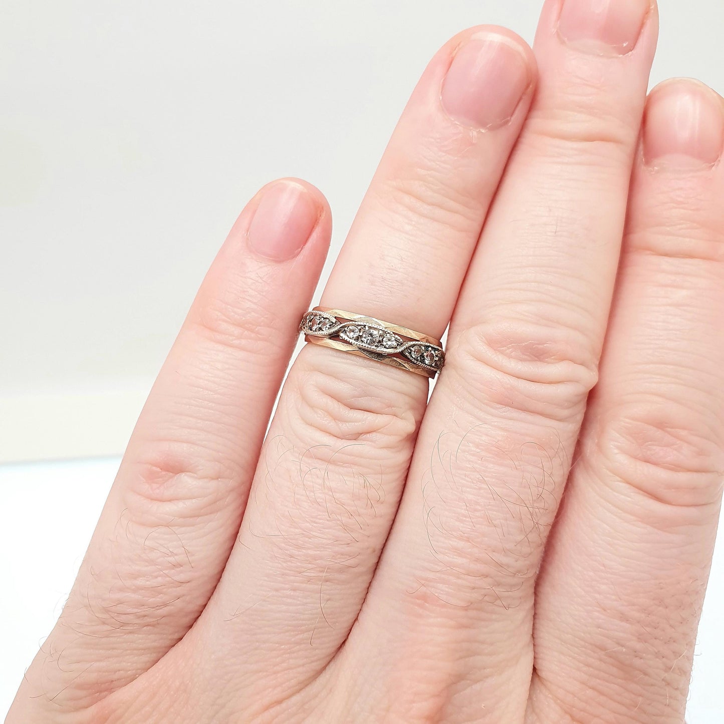 Antique Solid 9ct Gold Full Eternity Ring Wave Border White Spinel 9k 375 Band Sparkly Diamond Style Stacker Stacking Jewelry Jewellery