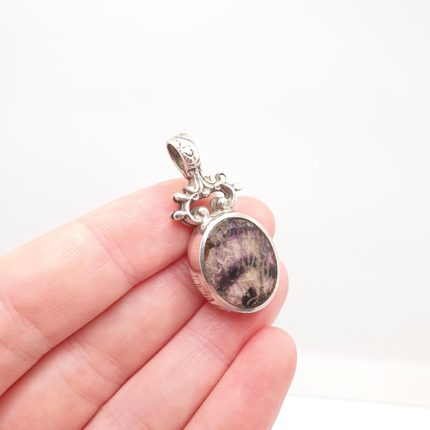 Vintage Blue John Sterling Silver Necklace Pendant Large Big Fob 1980 Hallmark Bleu Jaune Doublet Gemstone Jewellery Jewelry