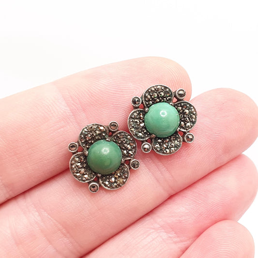 Antique Solid Silver Turquoise Earrings Marcasite Art Deco Sparkly Stud Vintage Genuine 1920s Womens Jewelry Jewellery