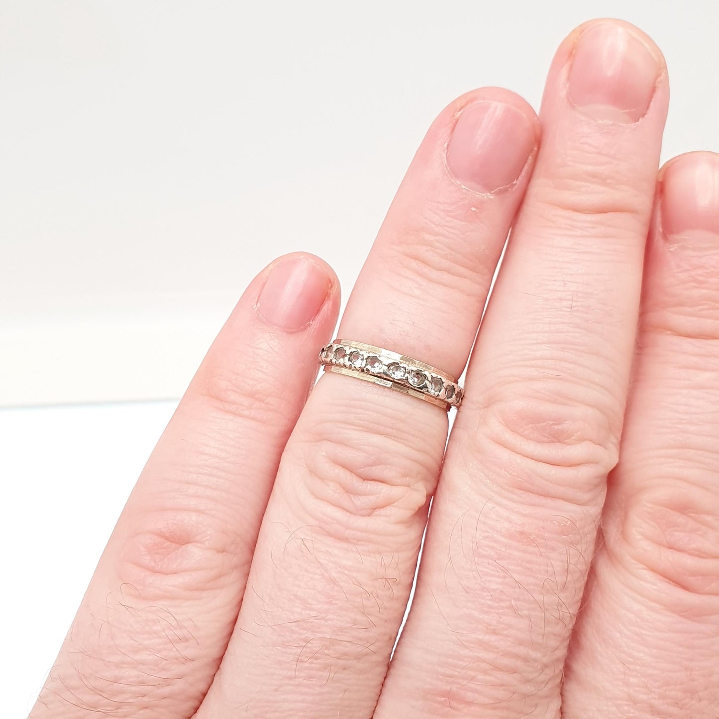 Antique 9ct Gold Eternity Ring Diamond White Spinel Sterling Silver Band Solid 9kt 9k Gold Art Deco Vintage 1920s Womens Jewelry Jewellery