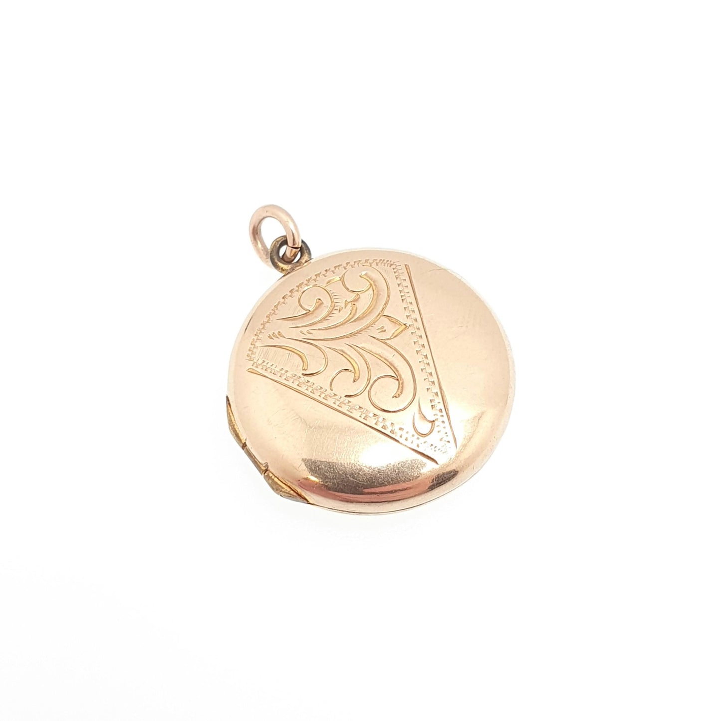 Antique 9ct 9k Gold Locket Pendant Round Art Deco Engraved Pattern Solid 375 Back & Front Small Circle Photo Vintage Necklace