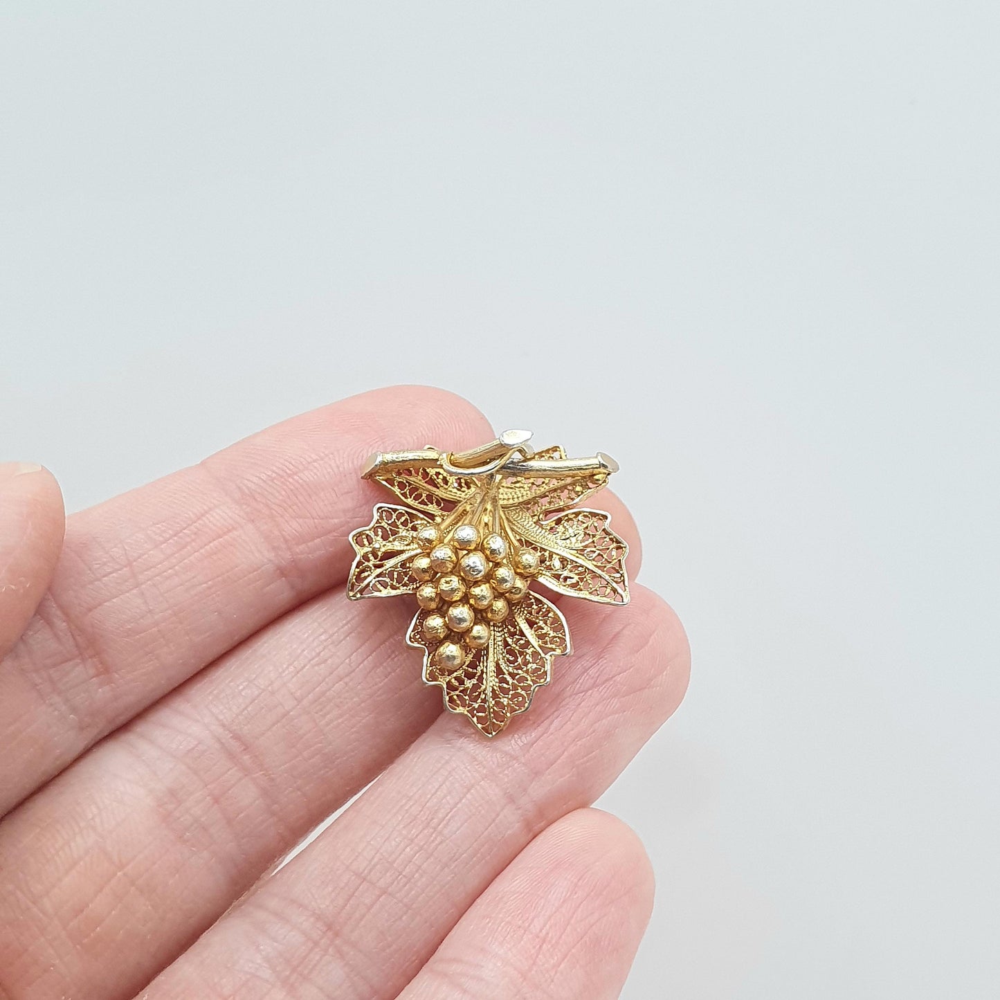 Old Vintage Solid Silver Gold Vermeil Grape Leaf Filigree Brooch Fruit Foreign Silver Stamp Ladies Womens Jewellery Jewelry