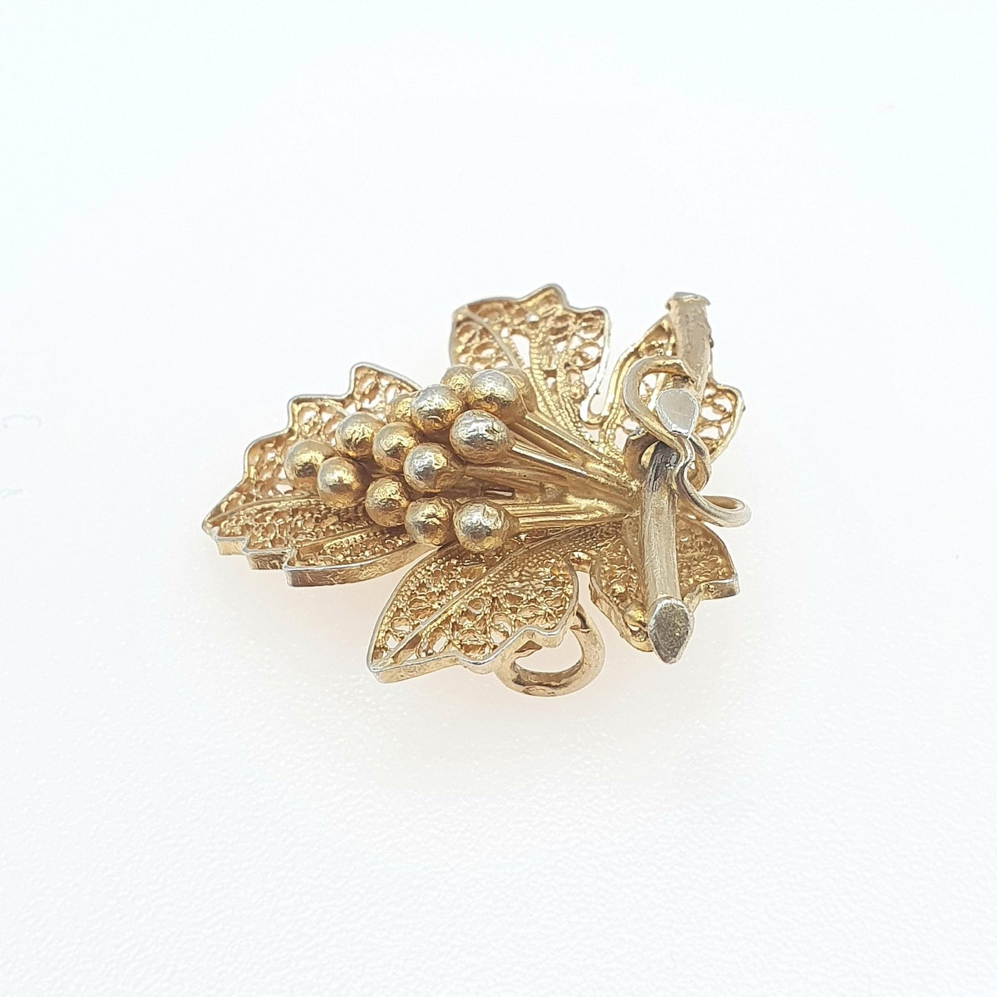 Old Vintage Solid Silver Gold Vermeil Grape Leaf Filigree Brooch Fruit Foreign Silver Stamp Ladies Womens Jewellery Jewelry