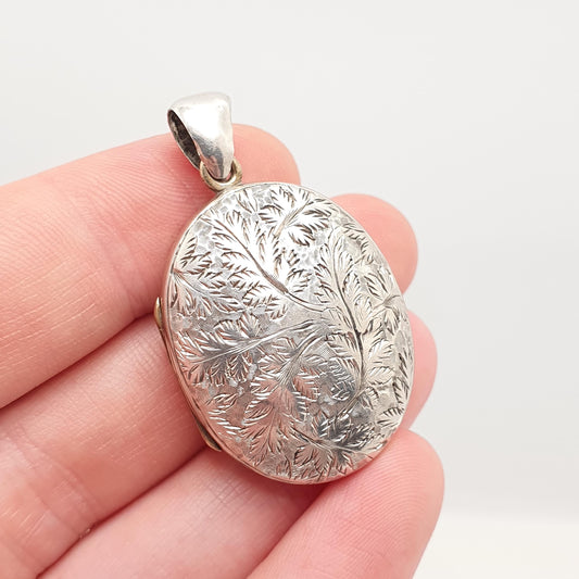 Antique Solid Silver Victorian Locket Oval Engraved Back and Front Necklace Vintage Pendant Womens Jewelry Jewellery