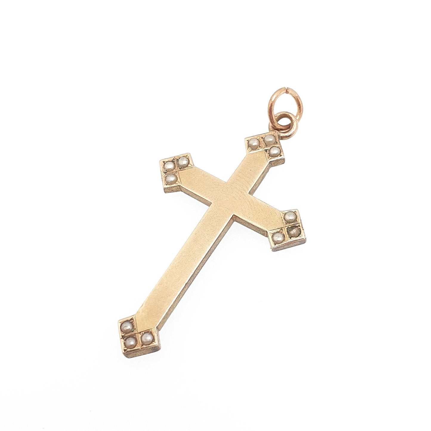 Antique Victorian 9ct Gold Front Seed Pearl Crucifix Pendant Cross Necklace Base Metal Body Solid 9k 375 Face Vintage