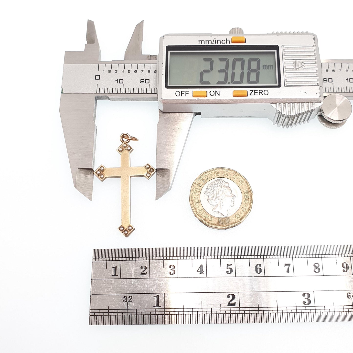 Antique Victorian 9ct Gold Front Seed Pearl Crucifix Pendant Cross Necklace Base Metal Body Solid 9k 375 Face Vintage