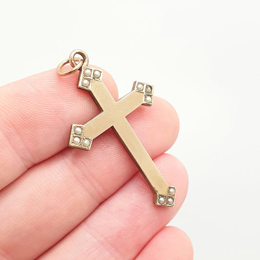 Antique Victorian 9ct Gold Front Seed Pearl Crucifix Pendant Cross Necklace Base Metal Body Solid 9k 375 Face Vintage