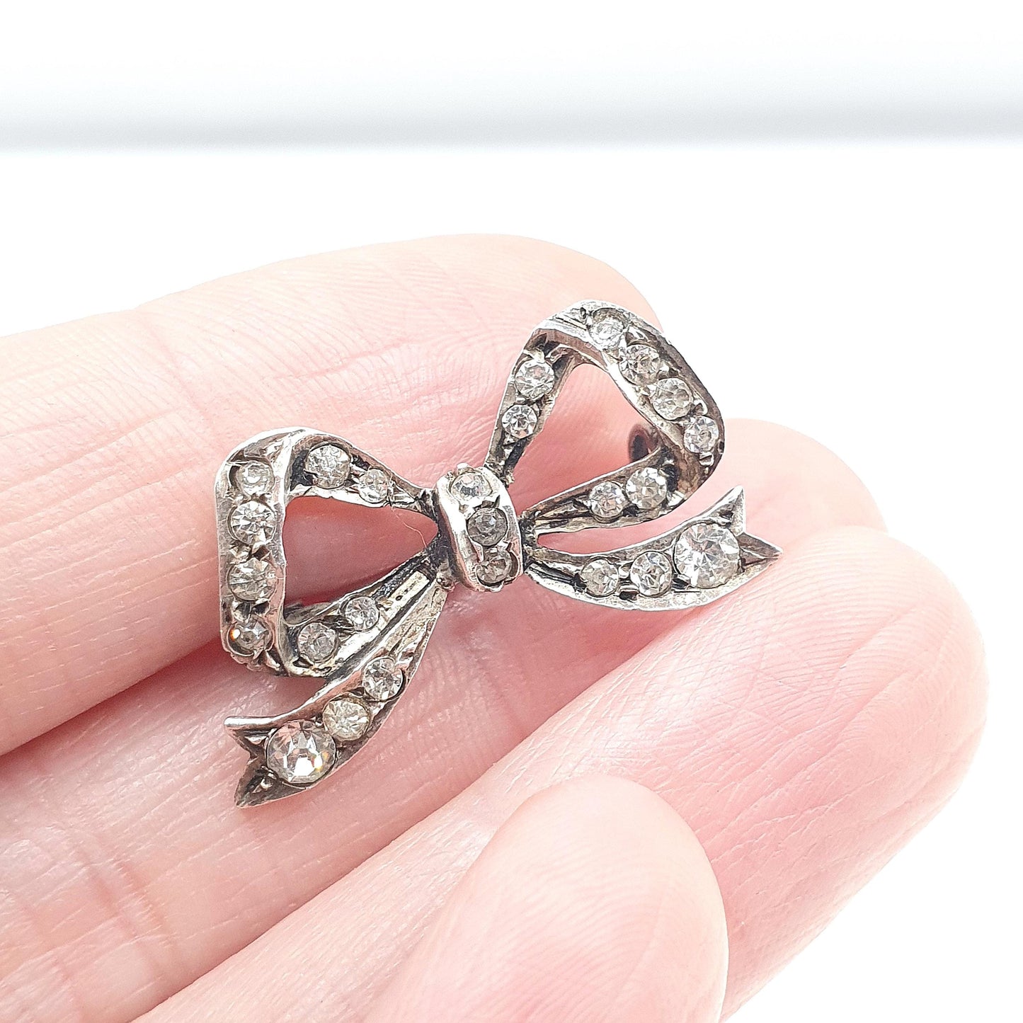 Antique Victorian Solid Silver Diamond Paste Bow Brooch Cute Gift Ribbon Womens Jewelry Jewellery Vintage
