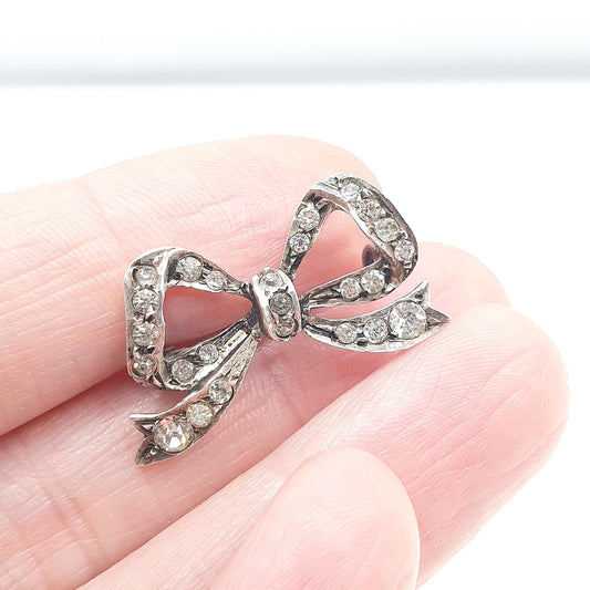 Antique Victorian Solid Silver Diamond Paste Bow Brooch Cute Gift Ribbon Womens Jewelry Jewellery Vintage