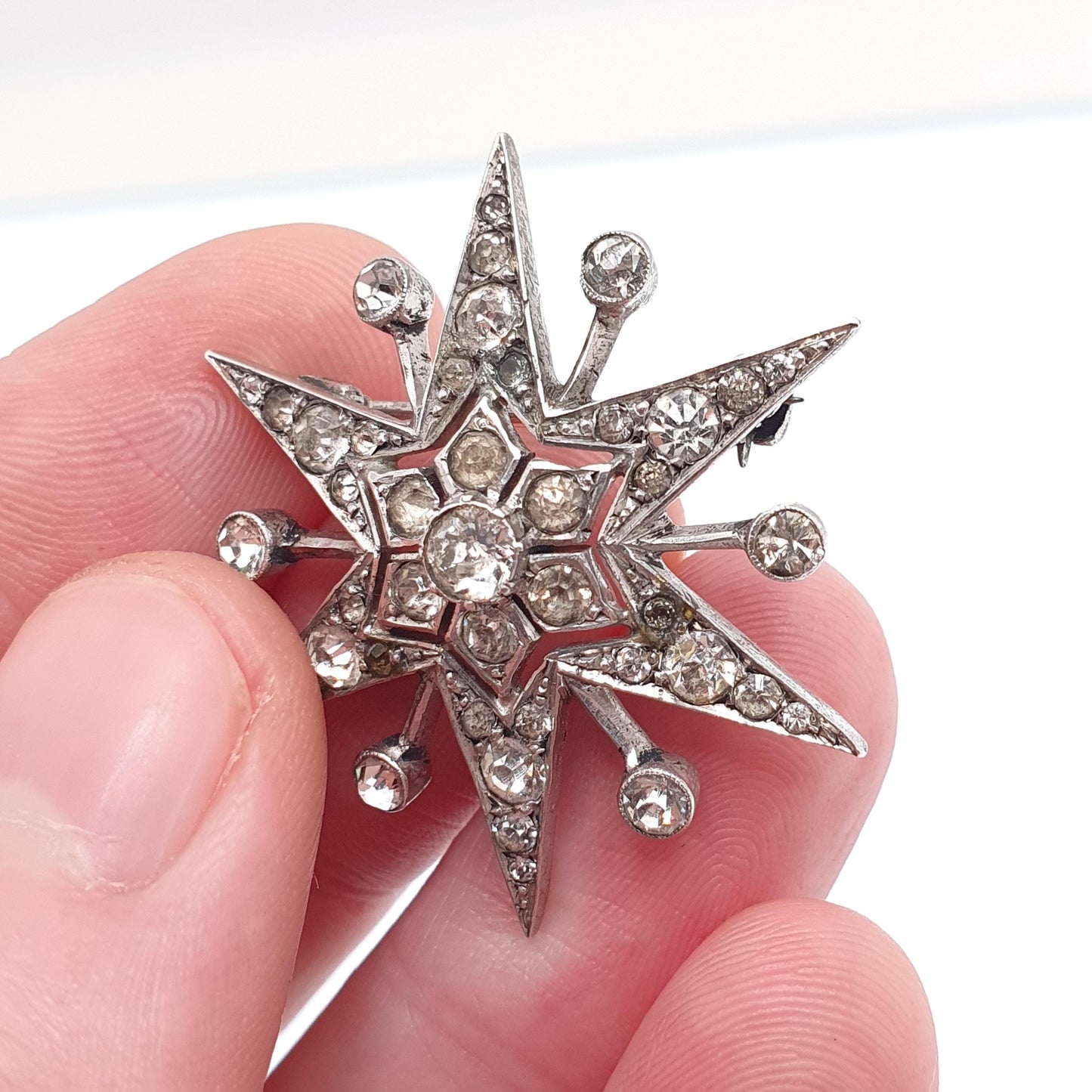 Antique Solid Silver Diamond Paste Star Brooch Art Deco Sparkly Pin Celestial Starry Night Fine Jewelry Jewellery Vintage