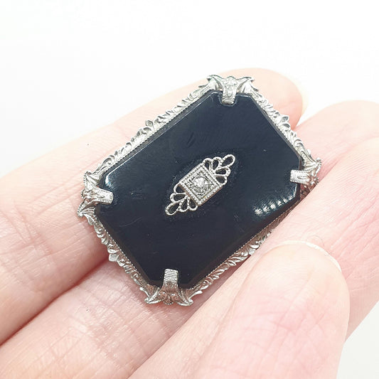 Antique Art Deco French Jet & Diamond Paste Brooch Flapper Geometric Silver Tone Base Metal 1920s Vintage Unisex Womens Jewelry Jewellery