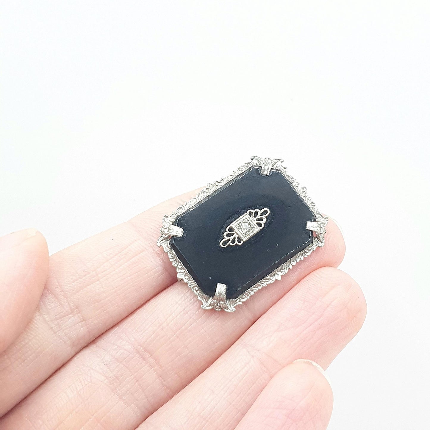 Antique Art Deco French Jet & Diamond Paste Brooch Flapper Geometric Silver Tone Base Metal 1920s Vintage Unisex Womens Jewelry Jewellery