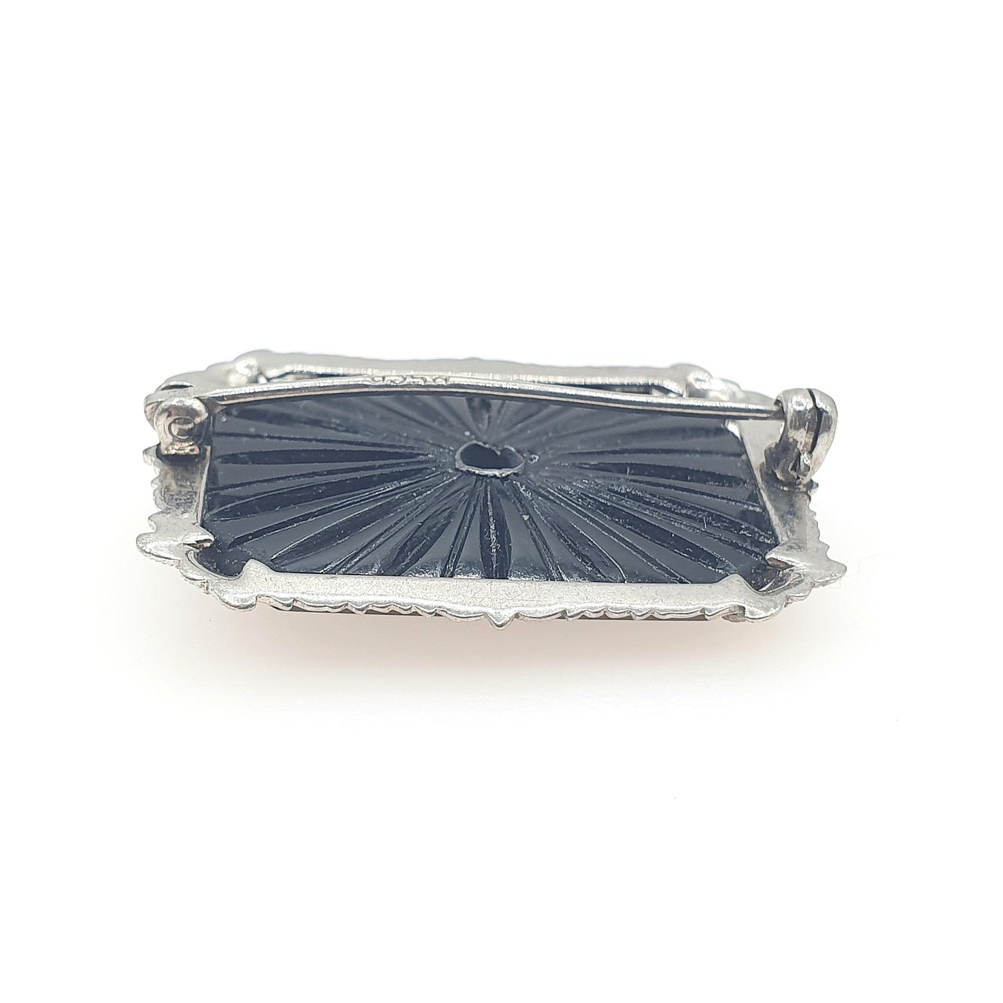Antique Art Deco French Jet & Diamond Paste Brooch Flapper Geometric Silver Tone Base Metal 1920s Vintage Unisex Womens Jewelry Jewellery