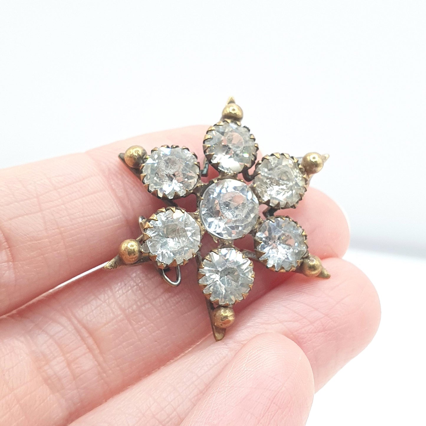 Antique Victorian Diamond Paste Star Brooch Gold Tone Base Metal Large Celestial Night Sparkly Womens Jewelry Jewellery