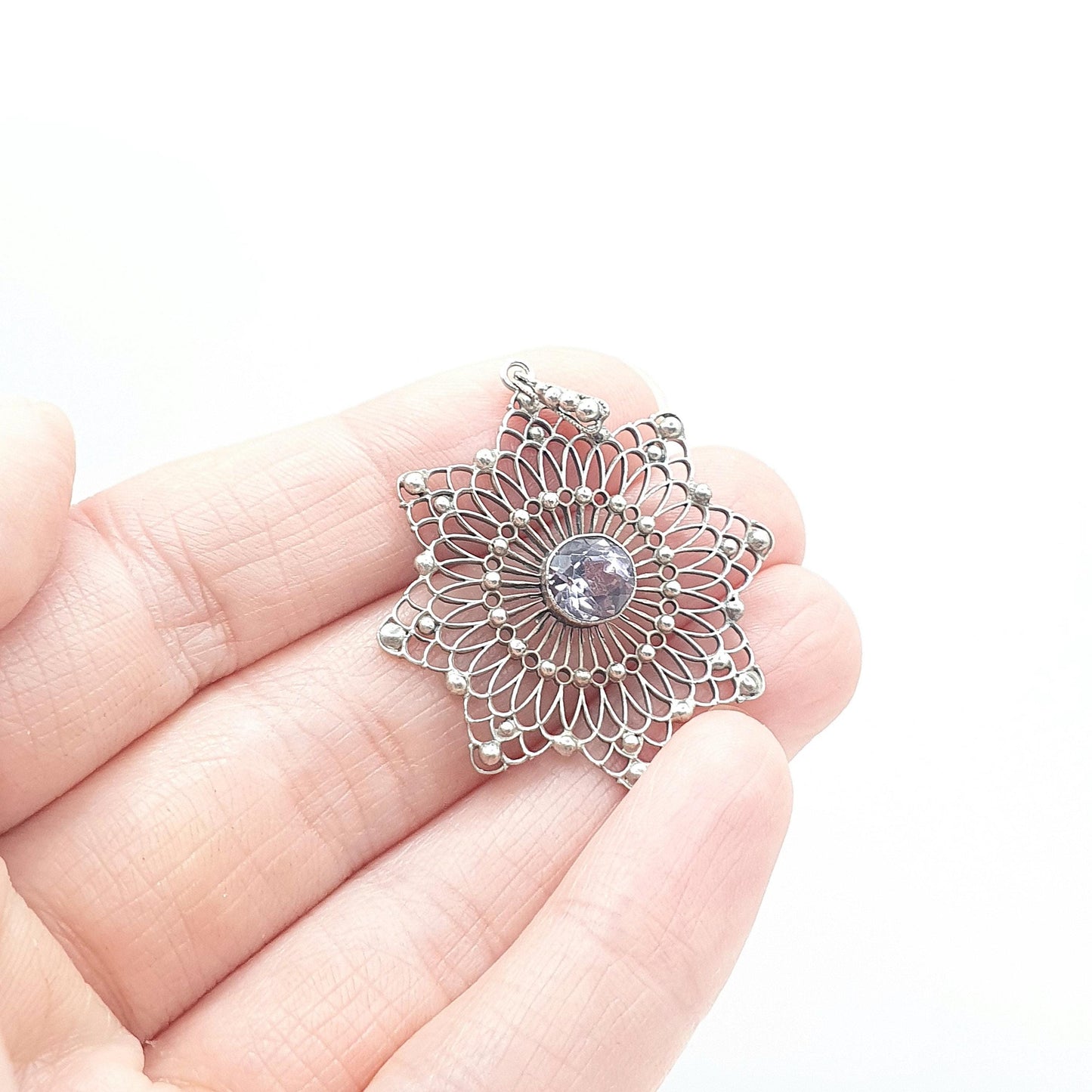 Antique Solid Silver Amethyst Star Filigree Pendant Celestial Handmade Purple Gemstone Delicate Vintage Womens Necklace Jewellery Jewelry