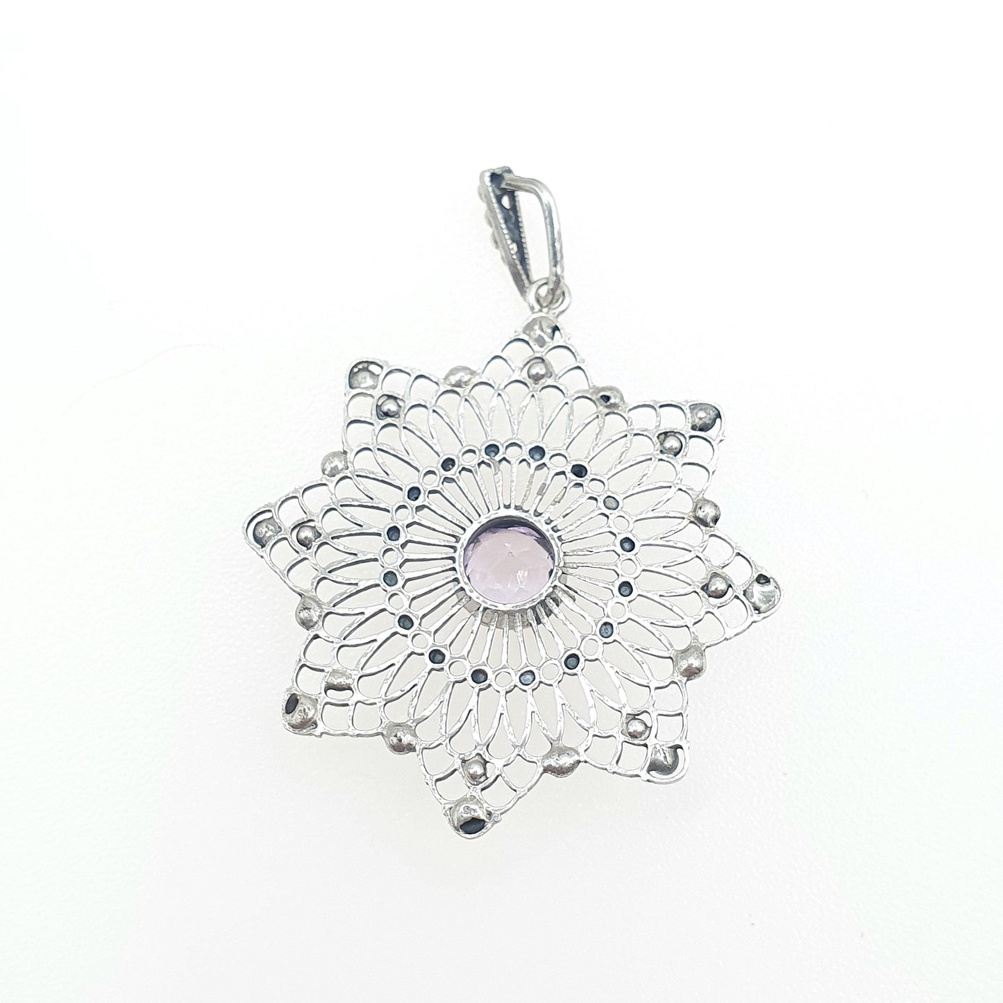 Antique Solid Silver Amethyst Star Filigree Pendant Celestial Handmade Purple Gemstone Delicate Vintage Womens Necklace Jewellery Jewelry
