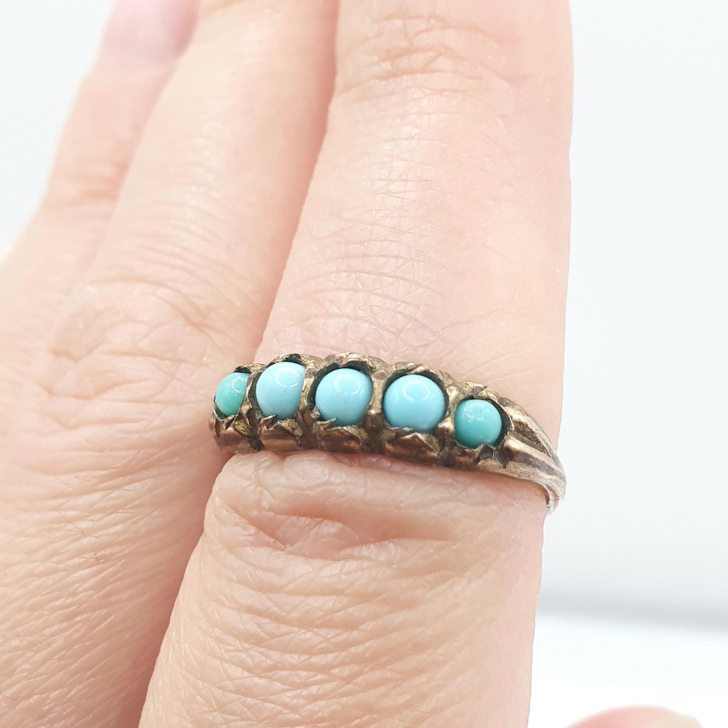 Antique Victorian Faux Turquoise Rose Rolled Gold Ring Blue 5 Stone 1800s Gift Womens Vintage Jewelry Jewellery