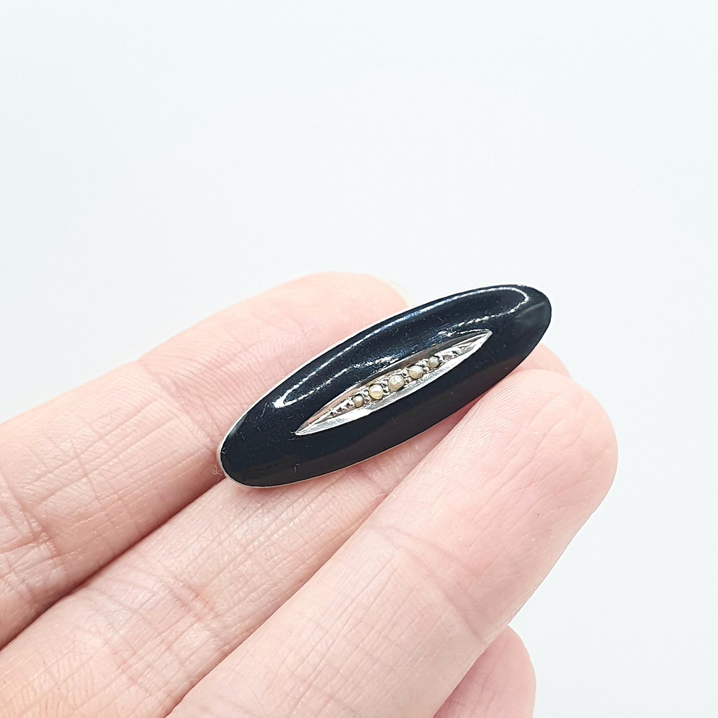 Antique Victorian Sterling Silver Black Enamel Brooch Seed Pearl Mourning Jewelry Ladies Womens Jewelry Jewellery