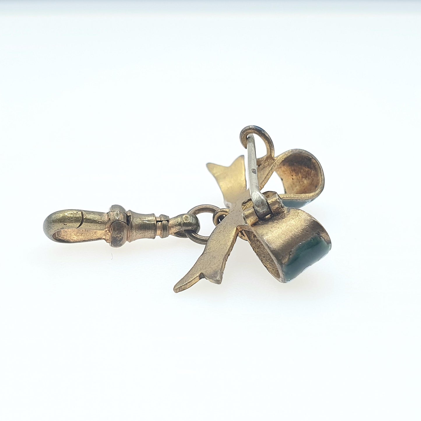 Antique Victorian Gold Gilt Enamel Bow Brooch with Dog Clip Green White Polka Dot Womens Ladies Jewelry Jewellery Vintage