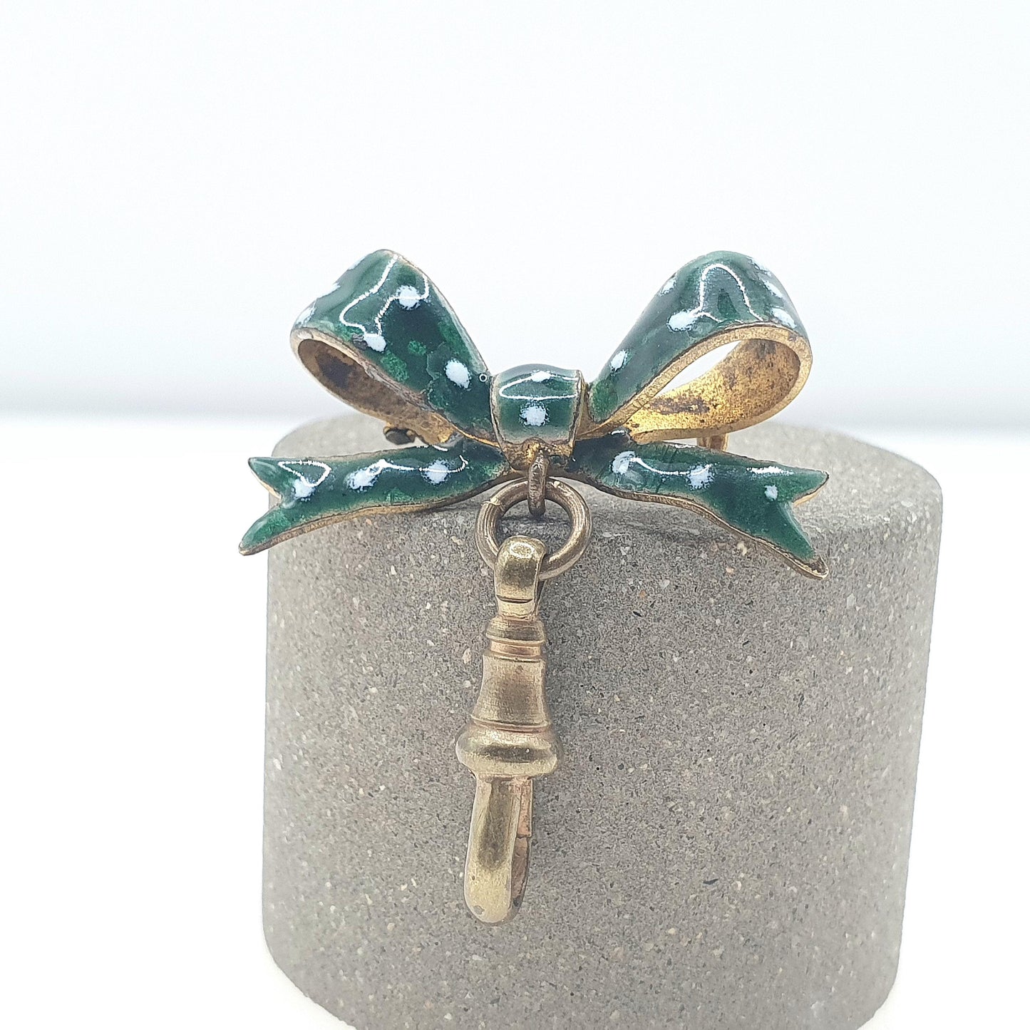 Antique Victorian Gold Gilt Enamel Bow Brooch with Dog Clip Green White Polka Dot Womens Ladies Jewelry Jewellery Vintage