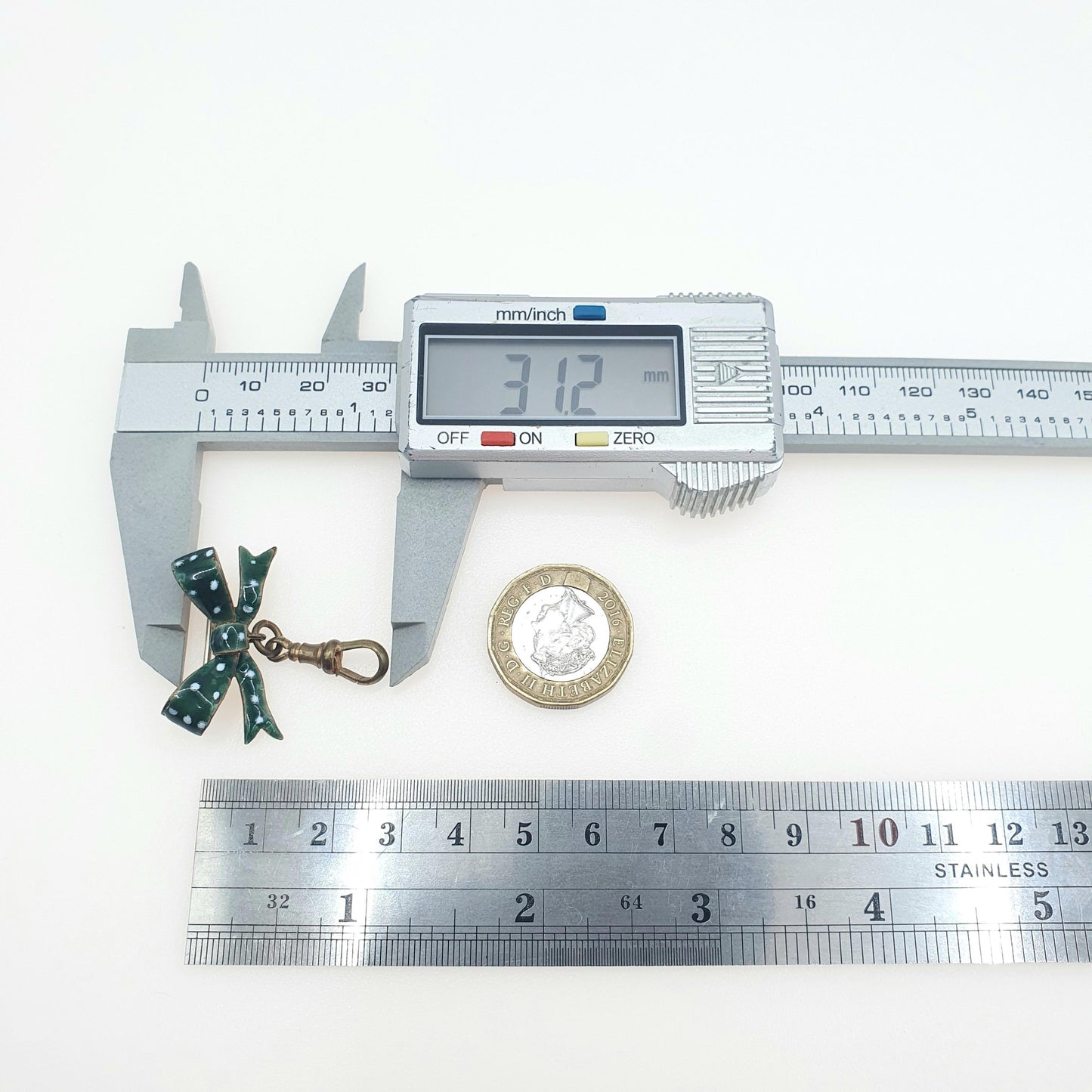 Antique Victorian Gold Gilt Enamel Bow Brooch with Dog Clip Green White Polka Dot Womens Ladies Jewelry Jewellery Vintage