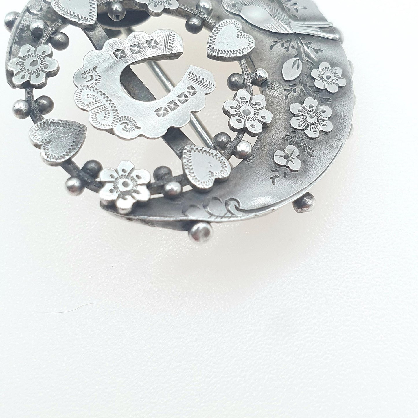 Antique Victorian Sterling Silver Sweetheart Brooch Bird Horseshoe Crescent Lucky Gold Luck 1892 Womens Jewelry Jewellery