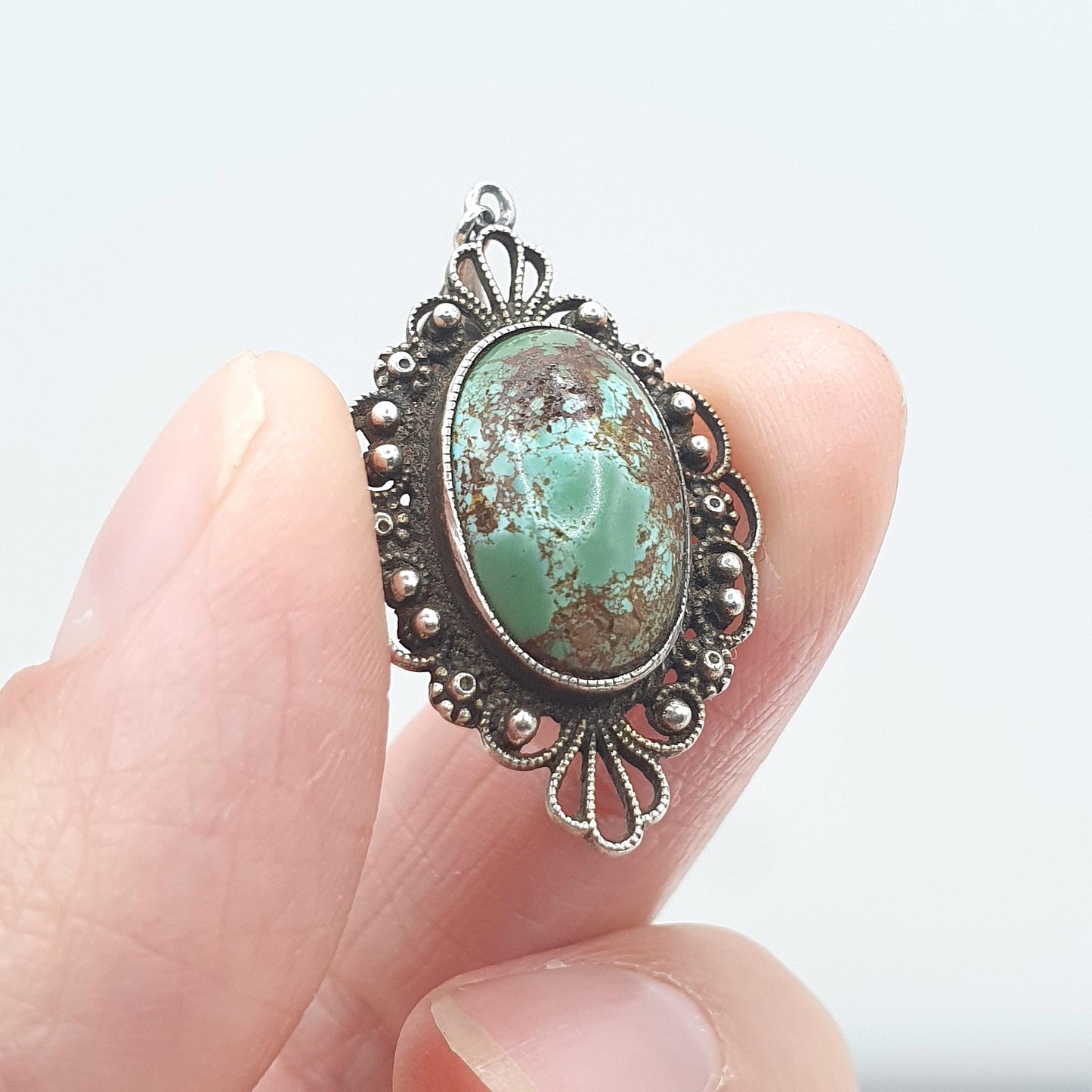 Antique Sterling Silver Turquoise Pendant Filigree Handmade Natural Gemstone Necklace Womens Jewelry Jewellery