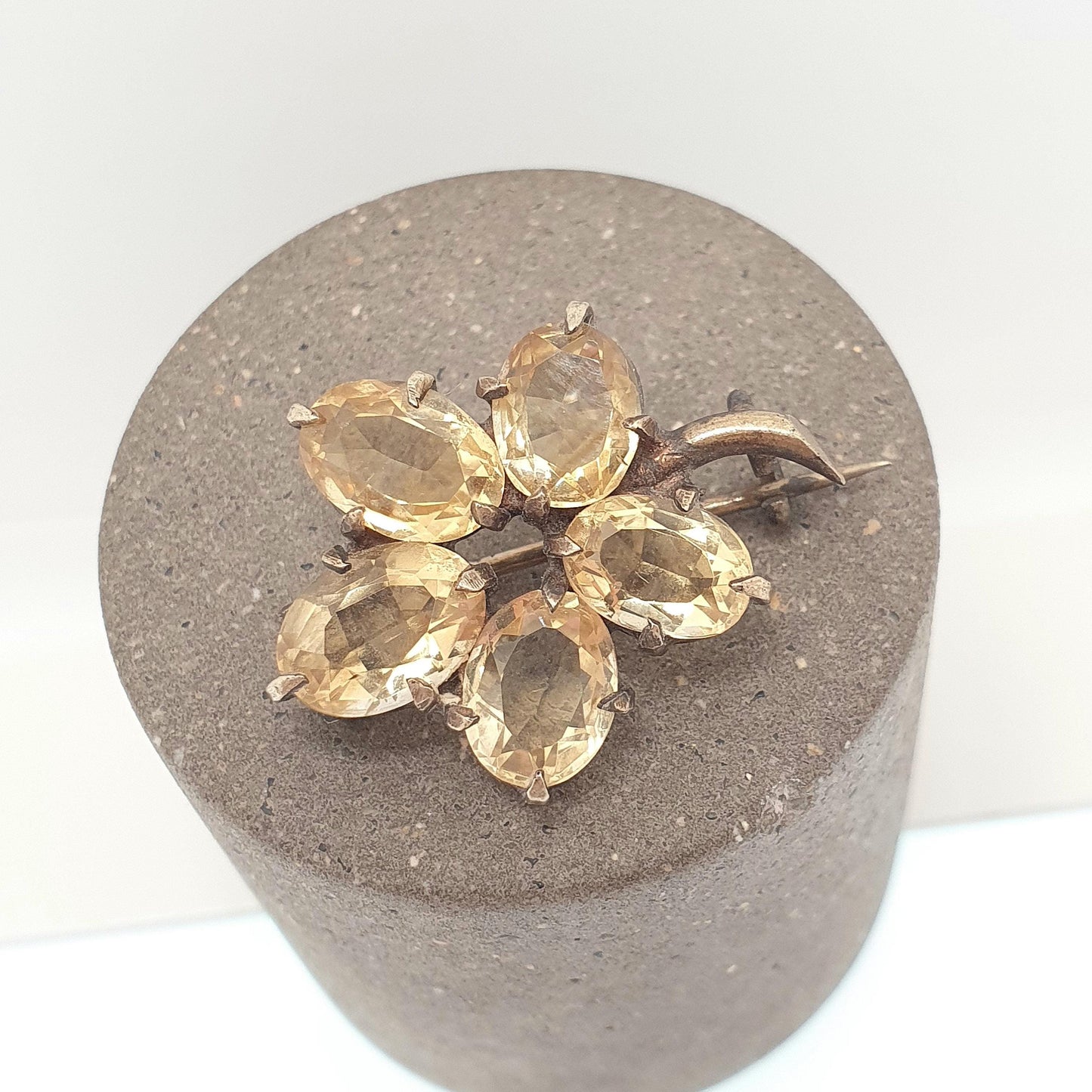 Antique Solid Silver Citrine Flower Brooch Natural Gemstone Gold Gilt Victorian Oval Cut Orange Quartz Pin Vintage 1800s Jewelry Jewellery