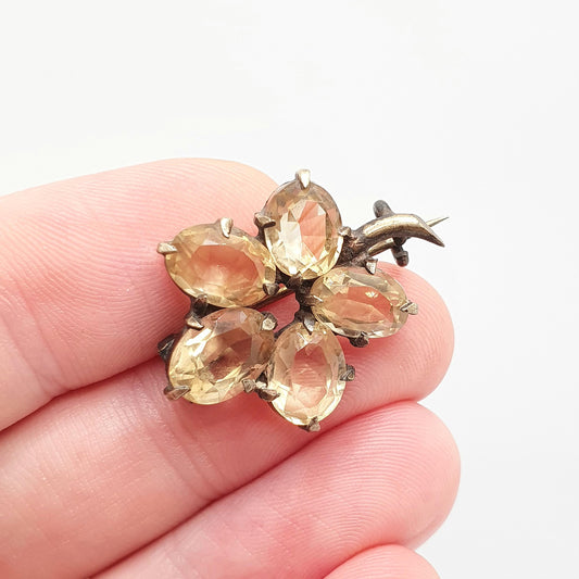 Antique Solid Silver Citrine Flower Brooch Natural Gemstone Gold Gilt Victorian Oval Cut Orange Quartz Pin Vintage 1800s Jewelry Jewellery