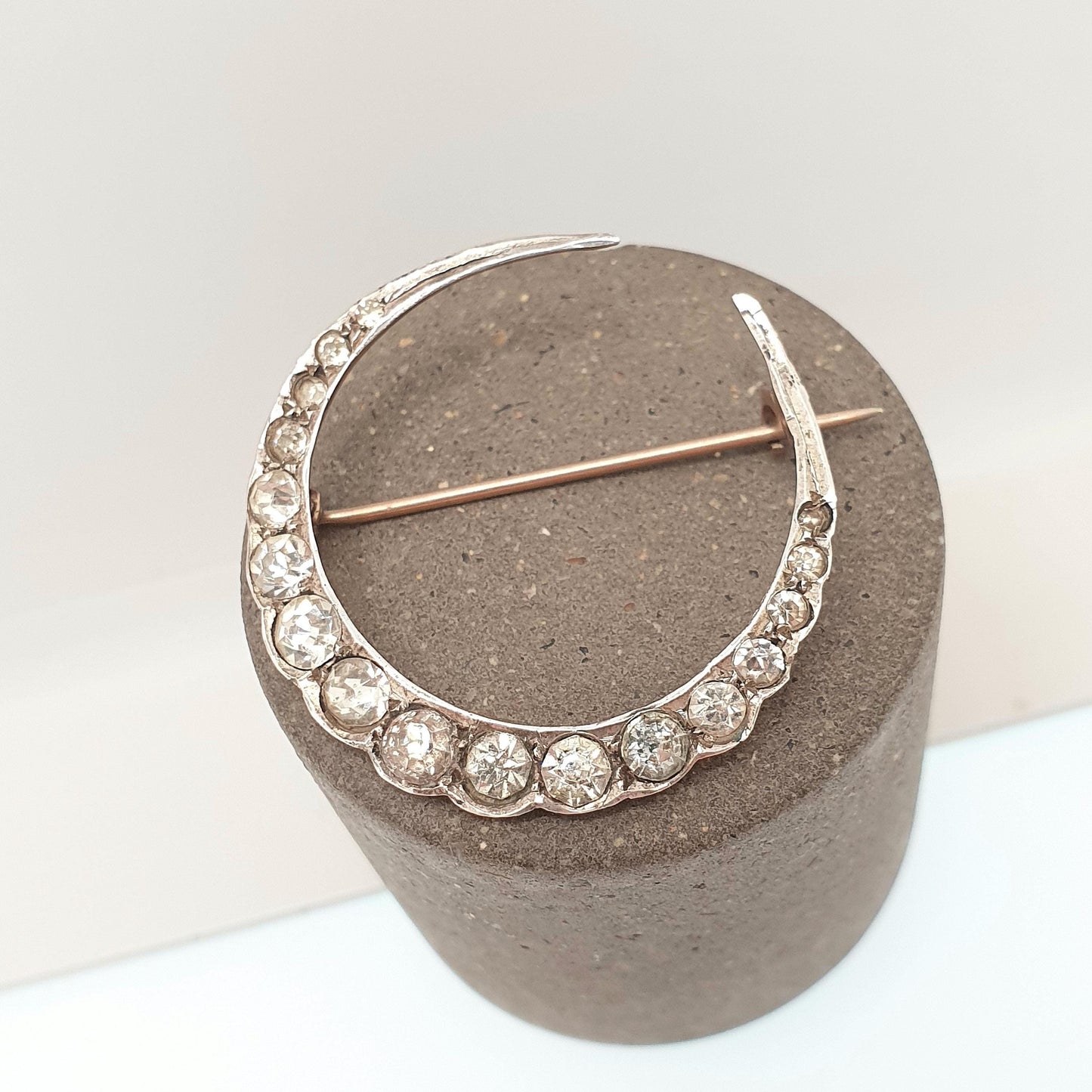 Antique Crescent Moon Solid Silver Brooch Victorian Diamond Paste Foiled Backs Sparkly Celestial Jewelry Jewellery Vintage Moons