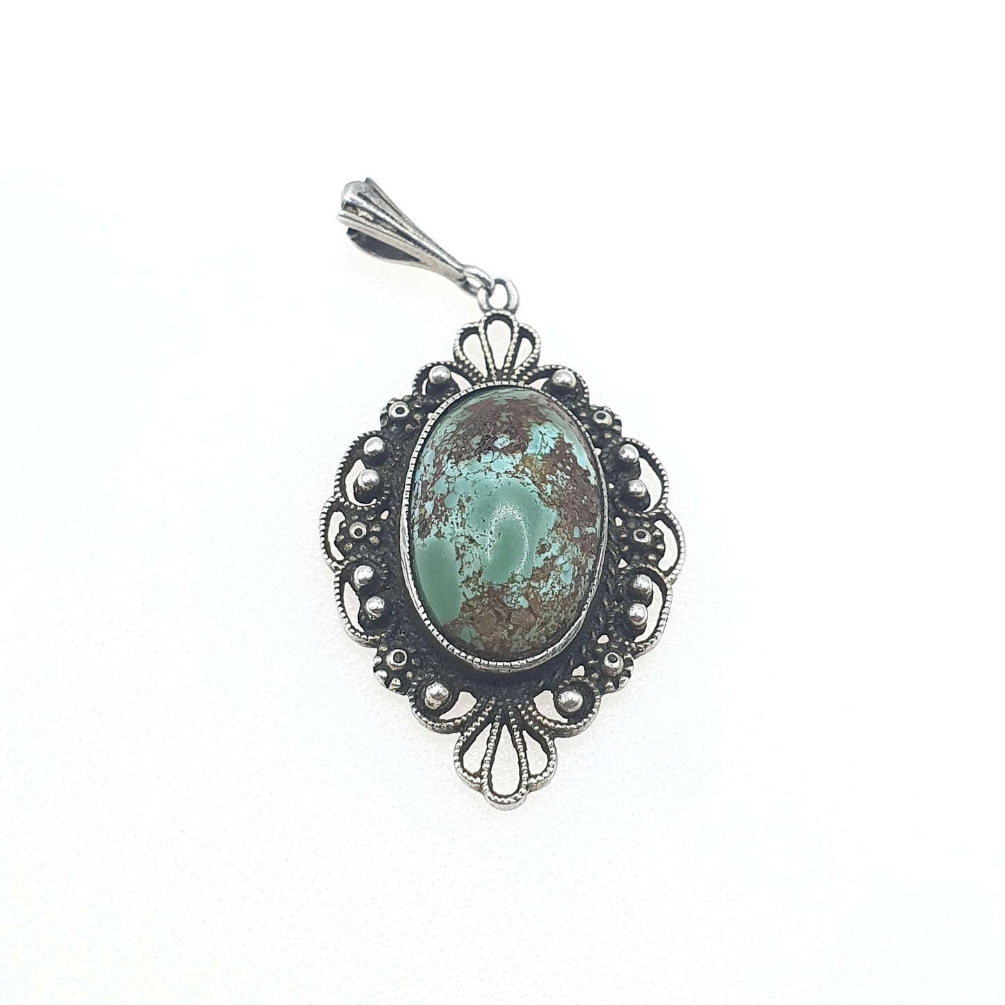 Antique Sterling Silver Turquoise Pendant Filigree Handmade Natural Gemstone Necklace Womens Jewelry Jewellery