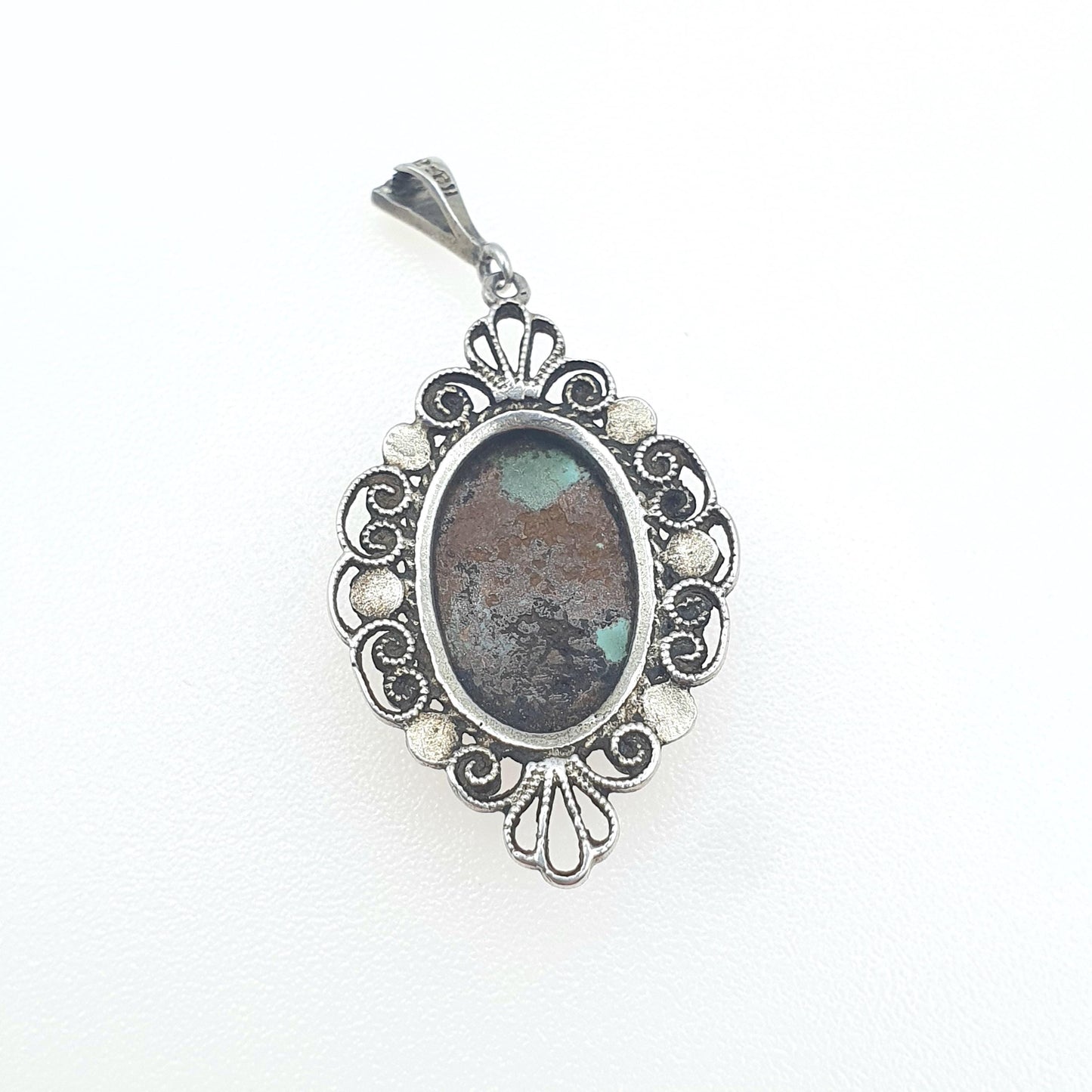 Antique Sterling Silver Turquoise Pendant Filigree Handmade Natural Gemstone Necklace Womens Jewelry Jewellery