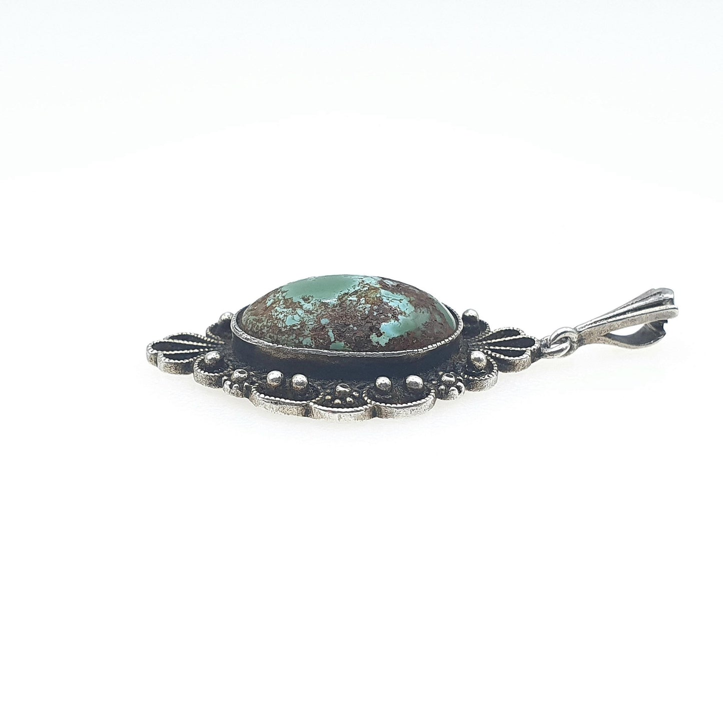 Antique Sterling Silver Turquoise Pendant Filigree Handmade Natural Gemstone Necklace Womens Jewelry Jewellery