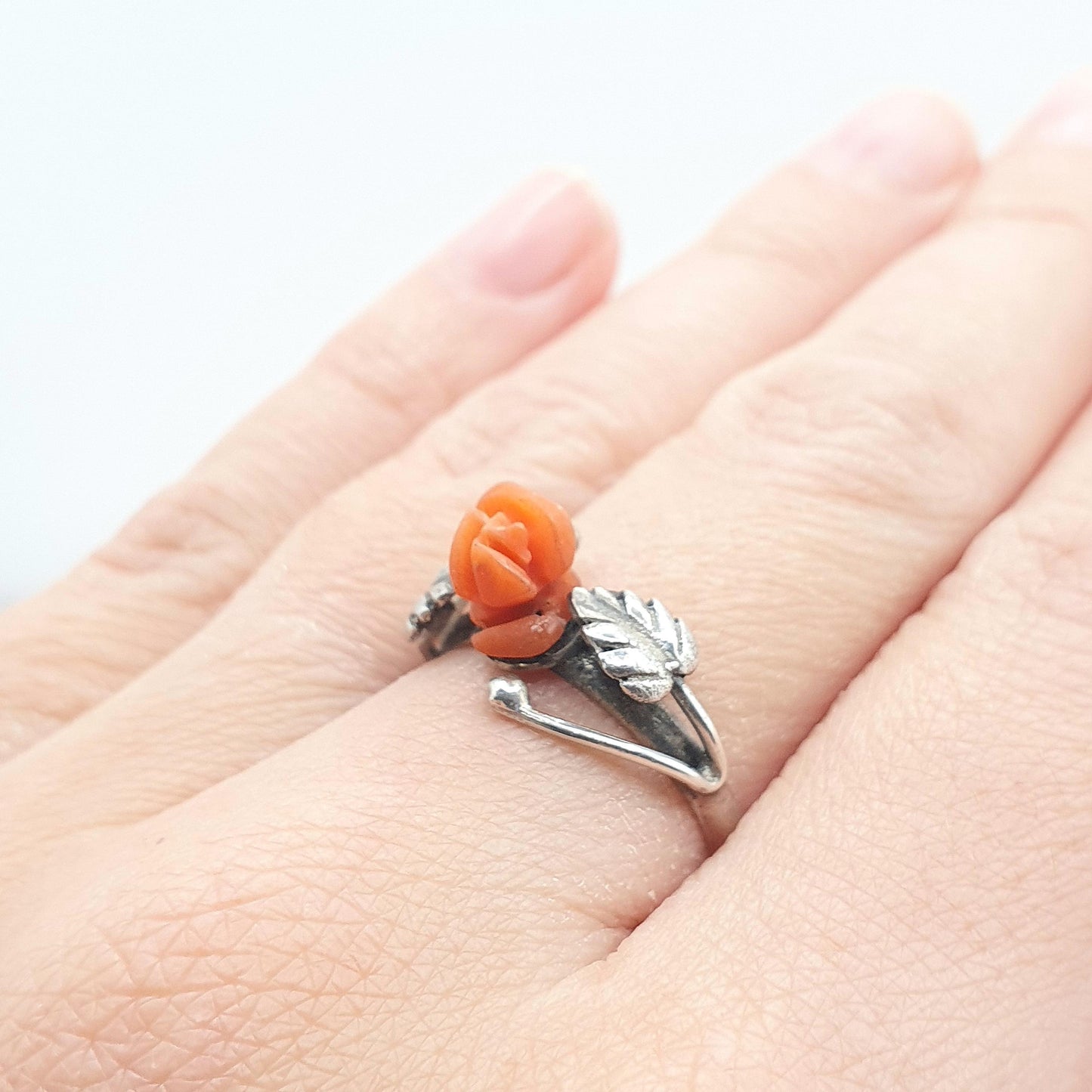 Antique Solid Silver Carved Coral Flower Ring Hand Carved Gemstone Orange Womens Ladies Jewelry Jewellery
