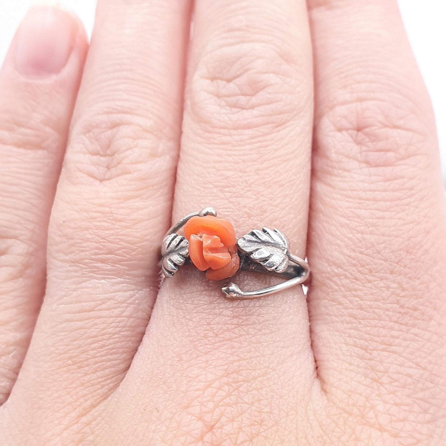 Antique Solid Silver Carved Coral Flower Ring Hand Carved Gemstone Orange Womens Ladies Jewelry Jewellery
